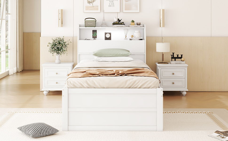 LED Platform Bed With Trundle With Storage Headboard With Drawers