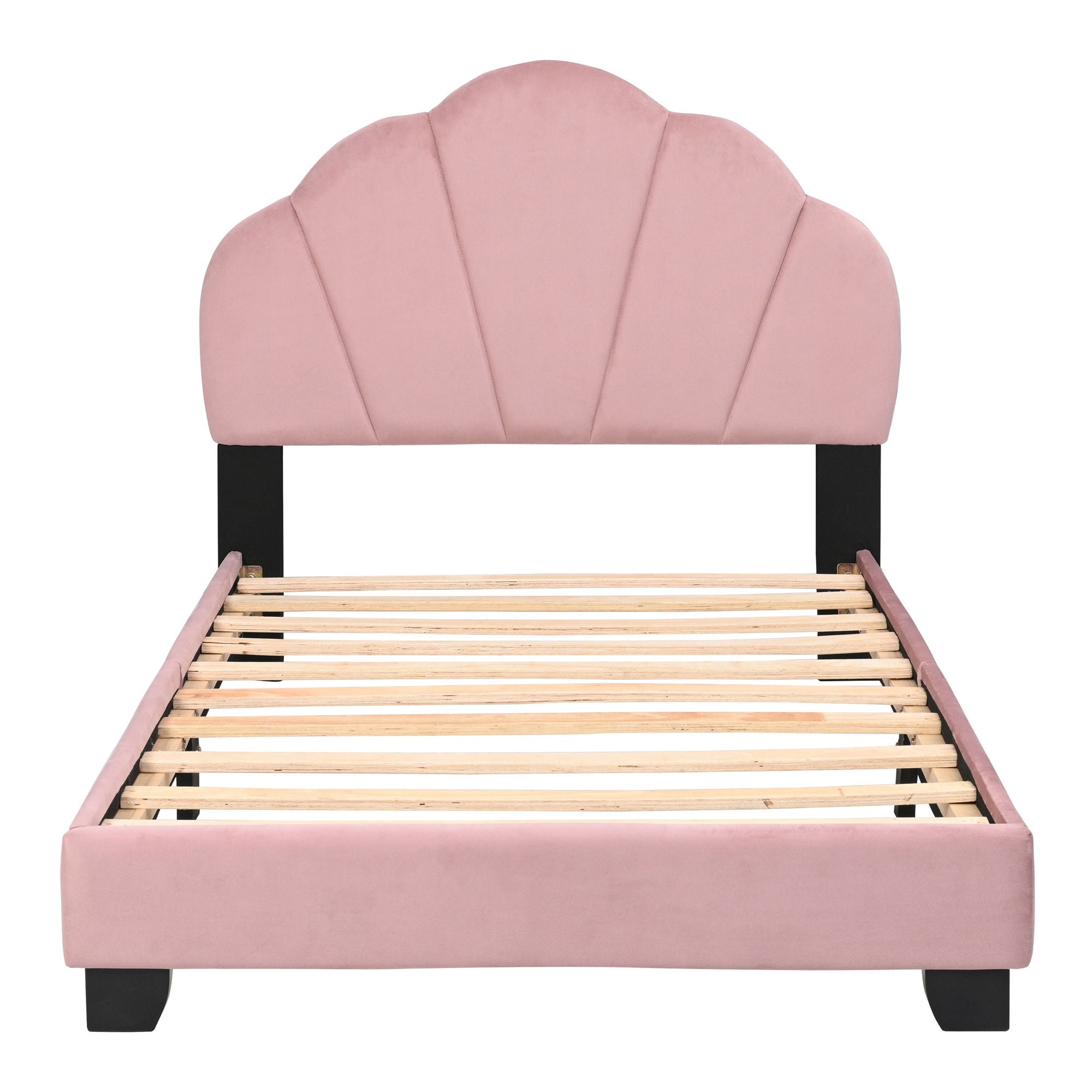 Upholstered Twin Size Platform Bed For Kids Wooden Bed Frame With Slatted Bed Base No Box Spring Needed Cute Bed Frame With Shell Design Headboard - Pink