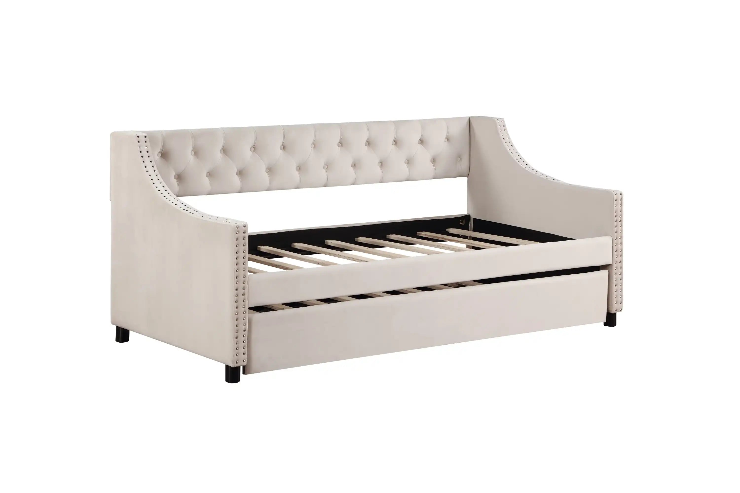 Beige Upholstered Tufted Daybed with Trundle, Full Size