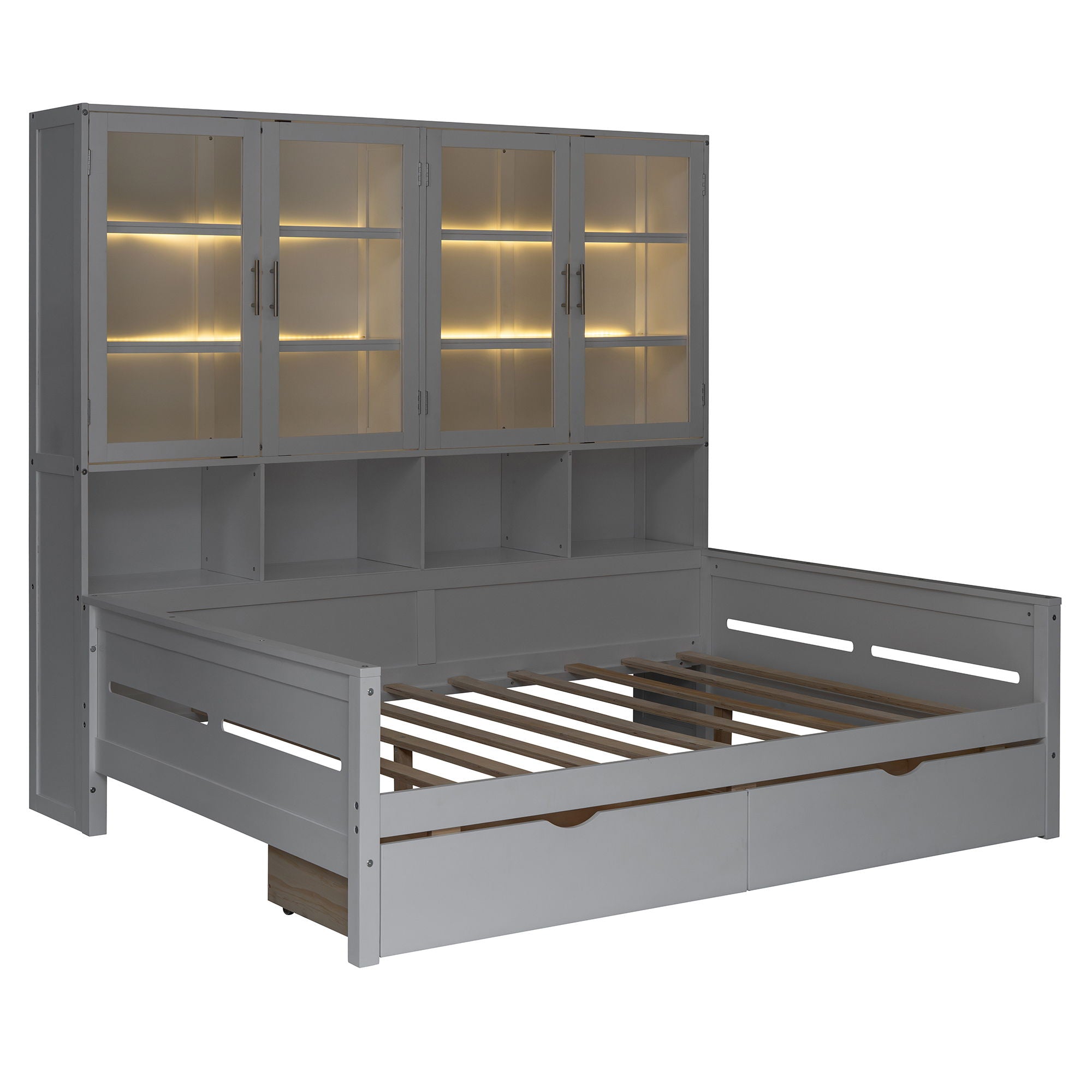 Daybed With Glass Door Storage Cabinets, Built In LED Lighting And Shelves