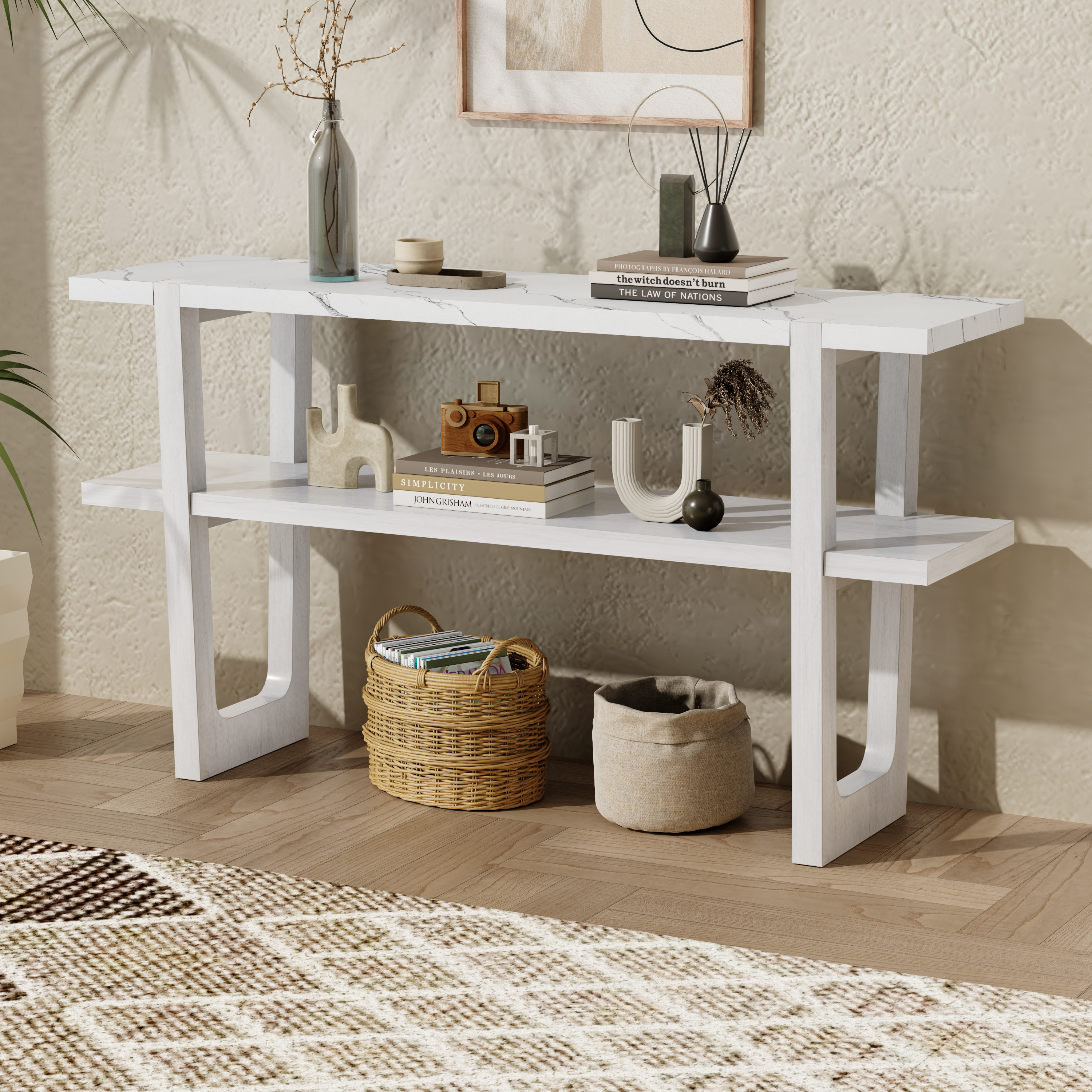 Narrow Console Table with Marble-Effect Top (Antique White)
