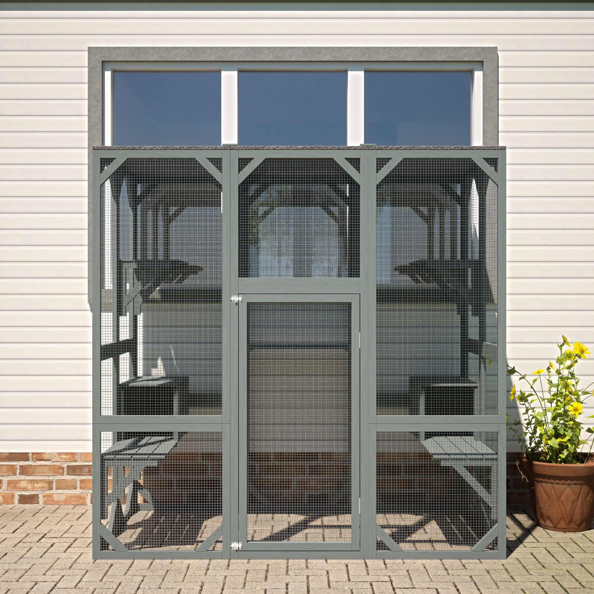 Outdoor Cat House Wooden Catio Enclosure With Cover - Large Cat Cage With Jump Platforms And Condos, Weatherproof - Gray
