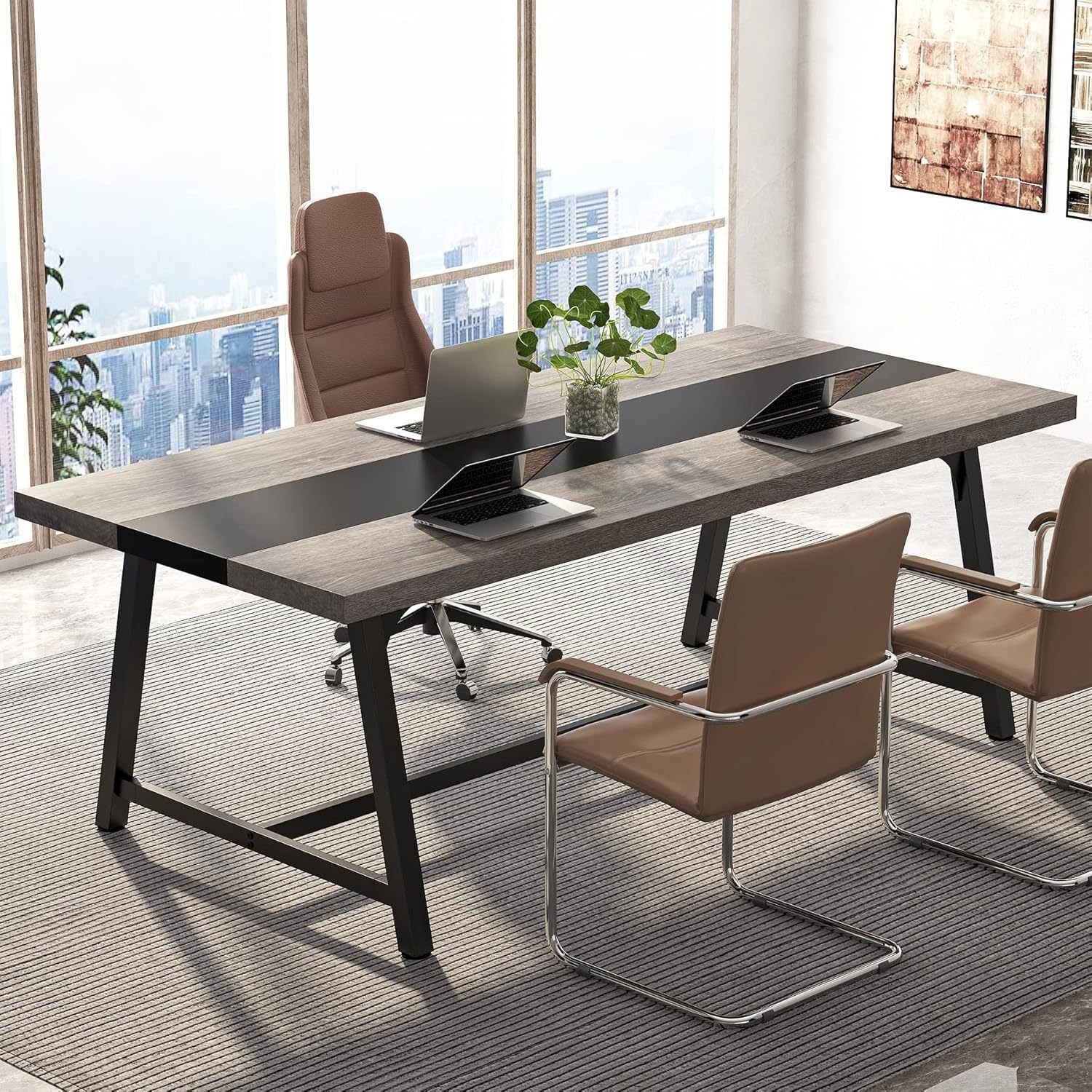 70.87', Modern Rectangular Conference Table for 6-8 People, Office Executive Desk with Durable Metal Frame, Large Work Surface for Boardroom & Team Collaboration – Grey & Black
