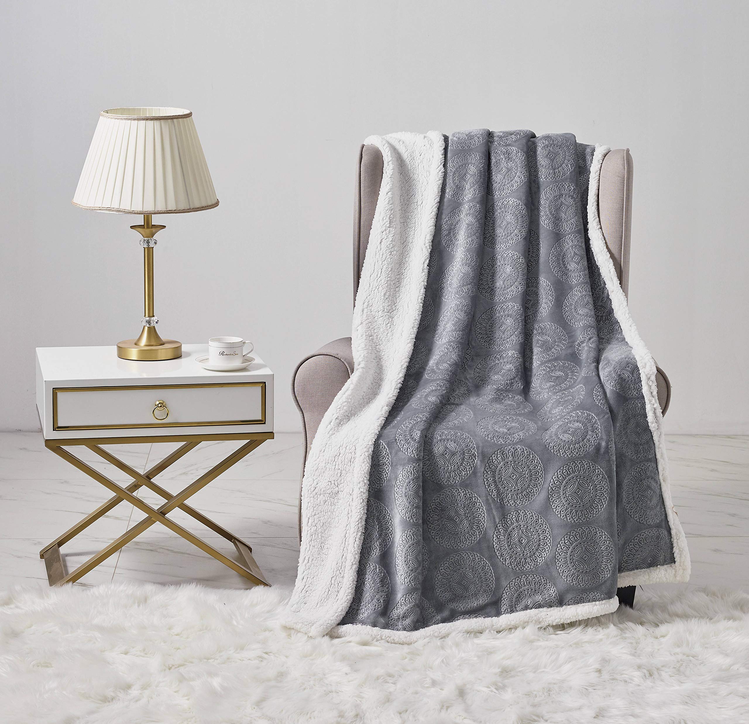 Decor&More Bon Iver Collection Extra Soft Mandala Embossed Microplush Throw Blanket with Sherpa Backing (50" x 60") - Best Buy Furniture