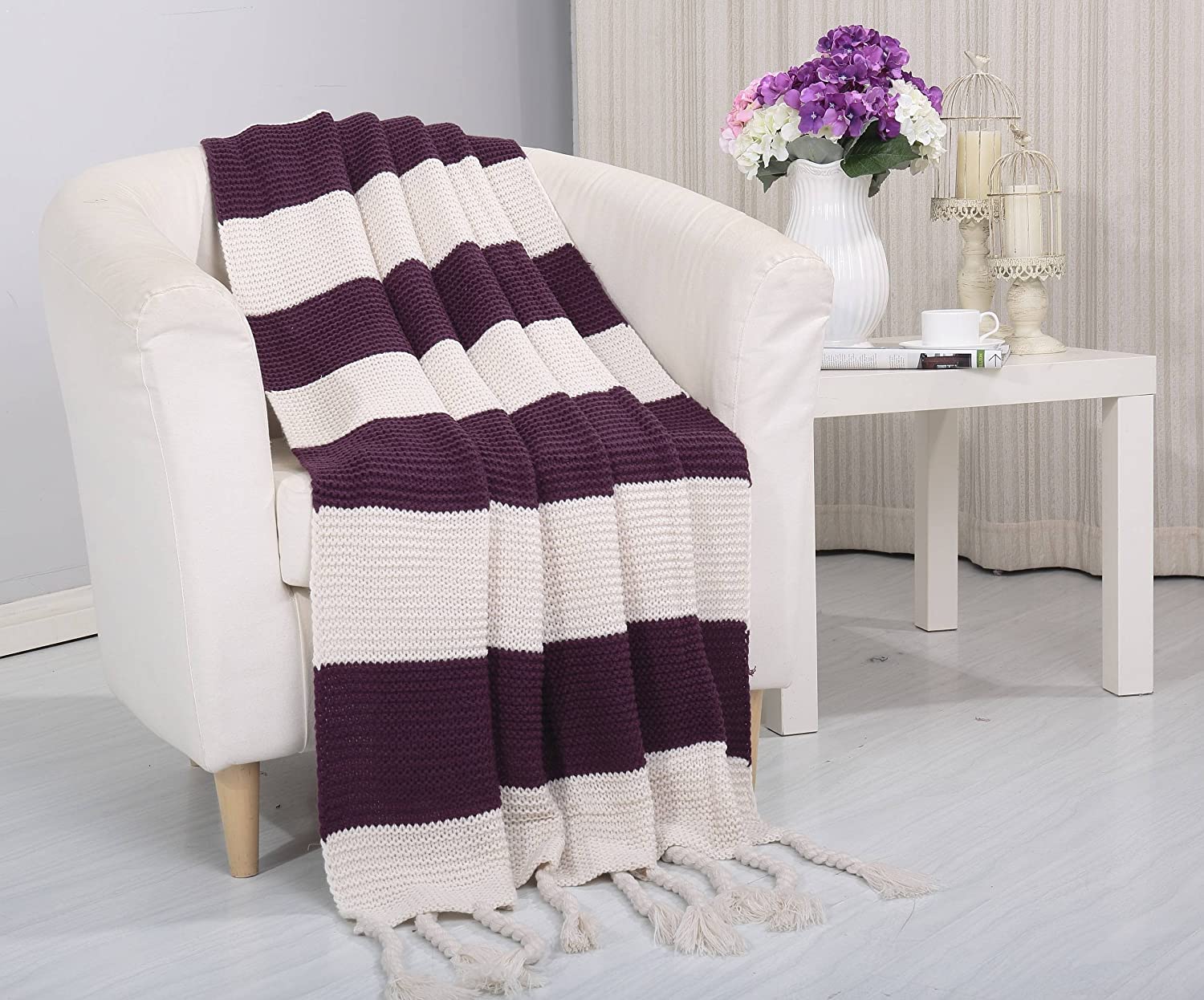 Noblehouse soft touch classic woven knitted 2-tone throw blanket with fringes (50" x 60")