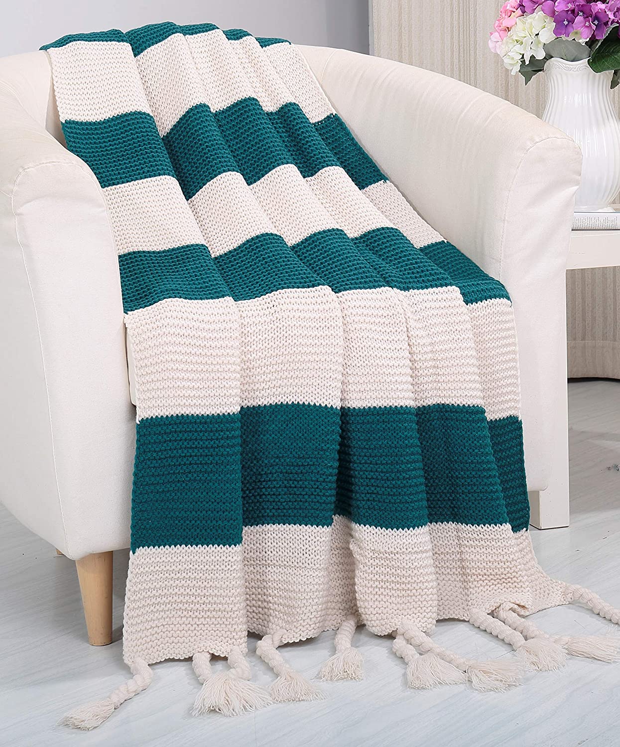 Noblehouse soft touch classic woven knitted 2-tone throw blanket with fringes (50" x 60")