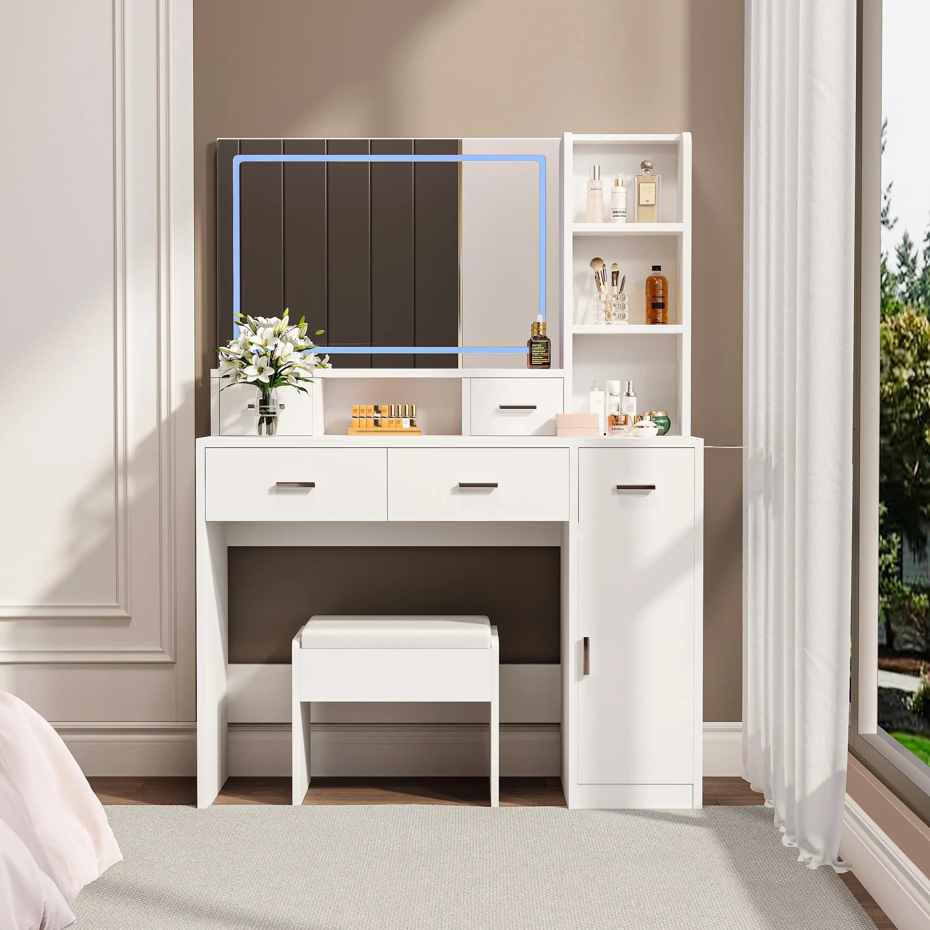 Xenon White Modern Makeup Vanity With Stool