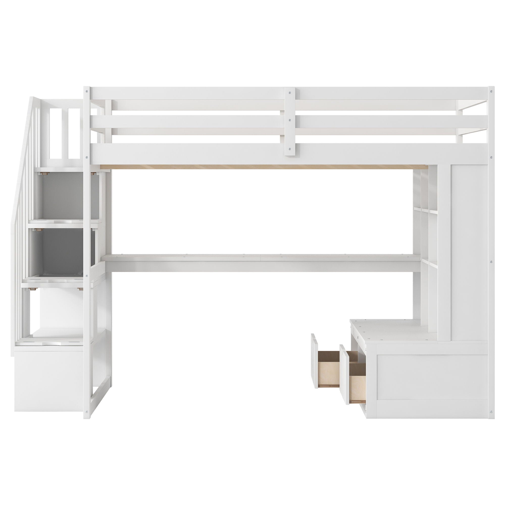 Full Size Loft Bed With Desk And Shelves, 2 Built In Drawers, Storage Staircase - White