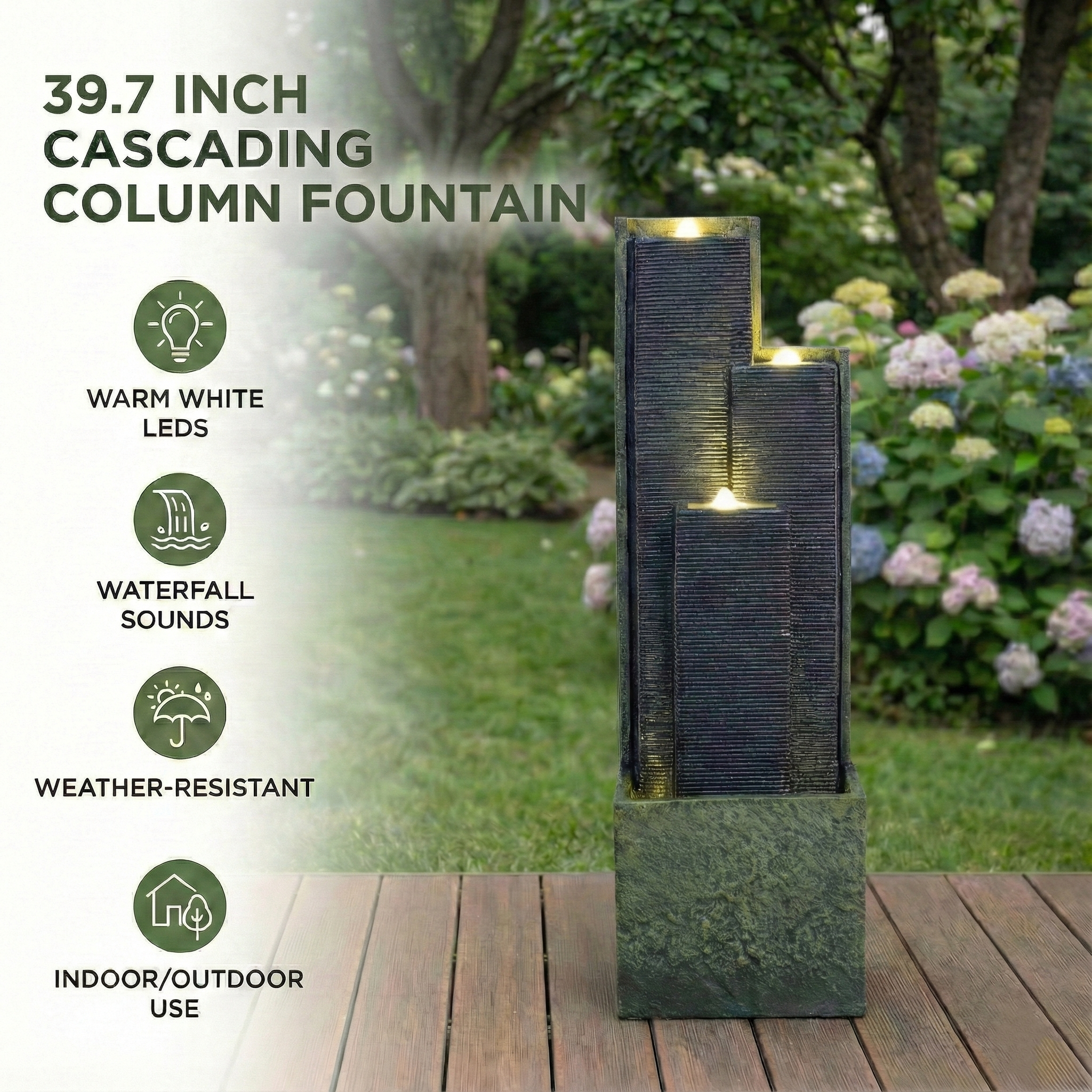 39'' H Outdoor Water Fountain Modern Cascading Freestanding Fountain with LED Lights for Garden Patio Porch Lawn Backyard Decor
