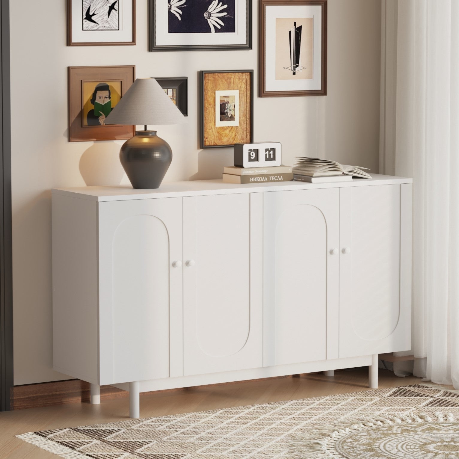 Stylish 4-Door Intaglio Storage Cabinet with Pine Legs and Solid Wood Pulls