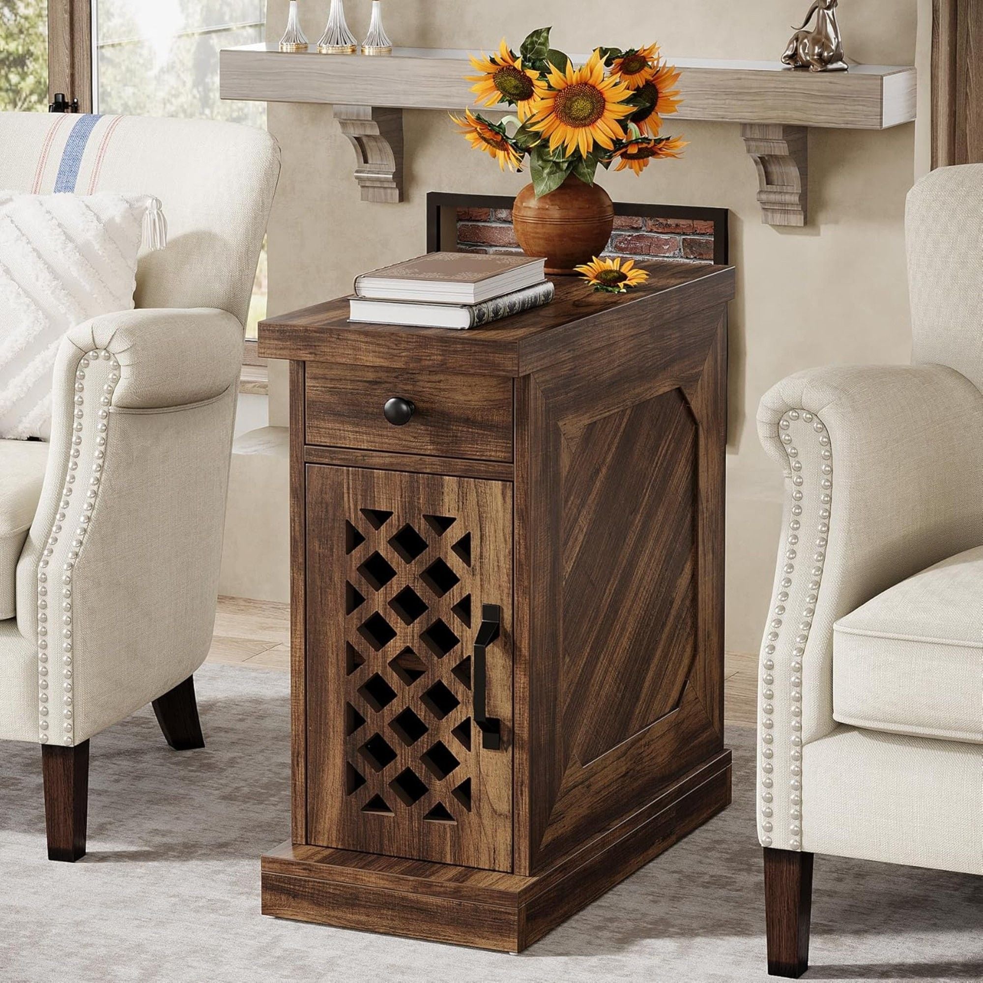 Narrow End Table With Drawer & Cabinet, Nightstand For Small Spaces - Brown