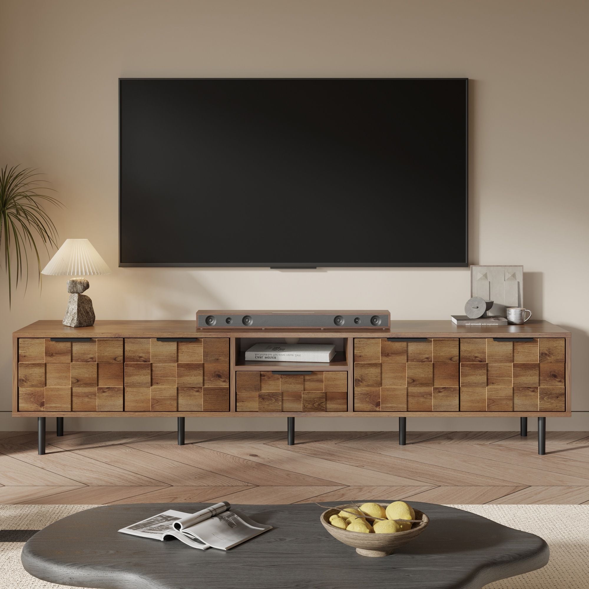 TV Stand, L Shaped Handle Entertainment Console With Storage - Natural