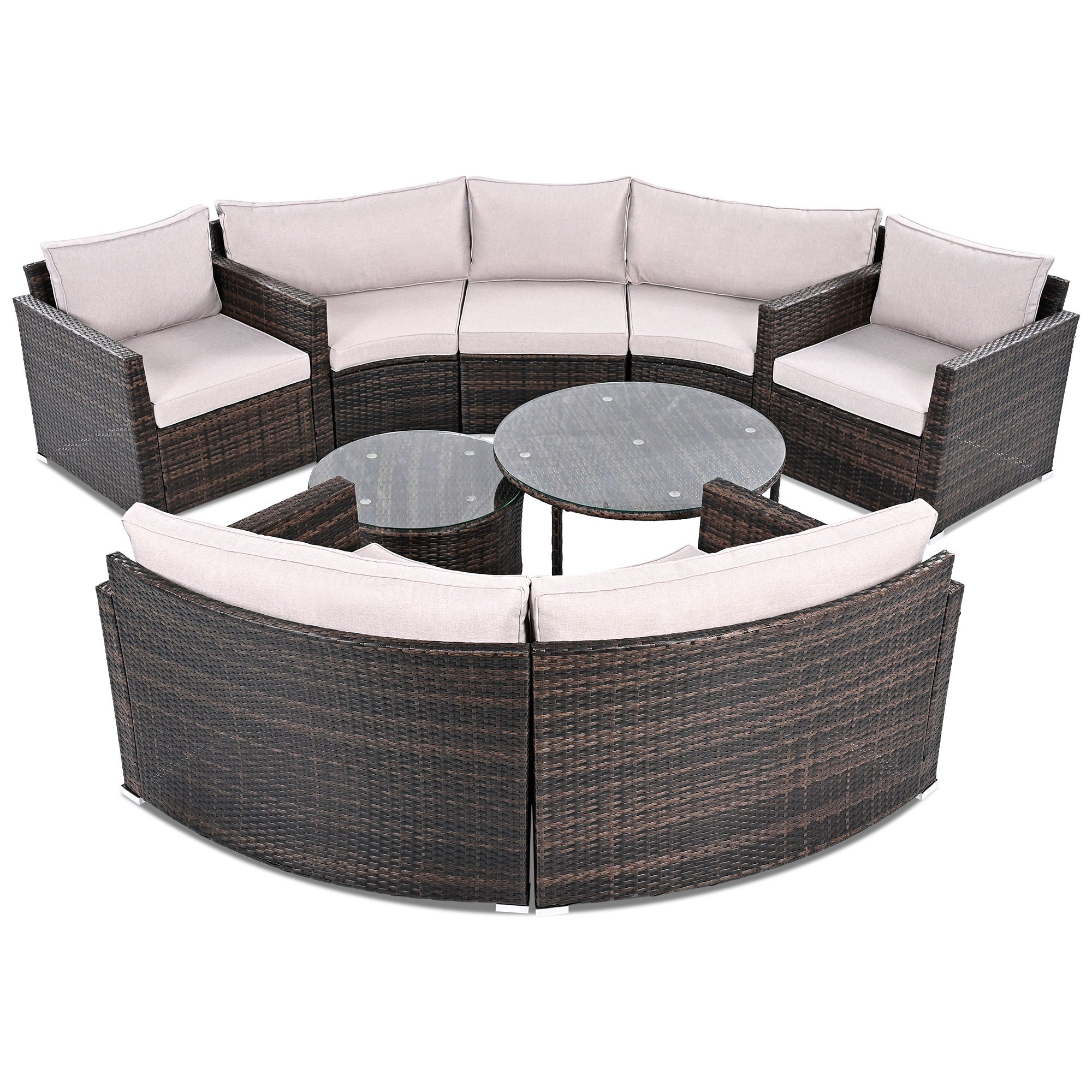 9 Pieces Outdoor Half-Moon Patio Sofa Set, Round Sofa Set, Modern Style Sofa - Brown / Beige