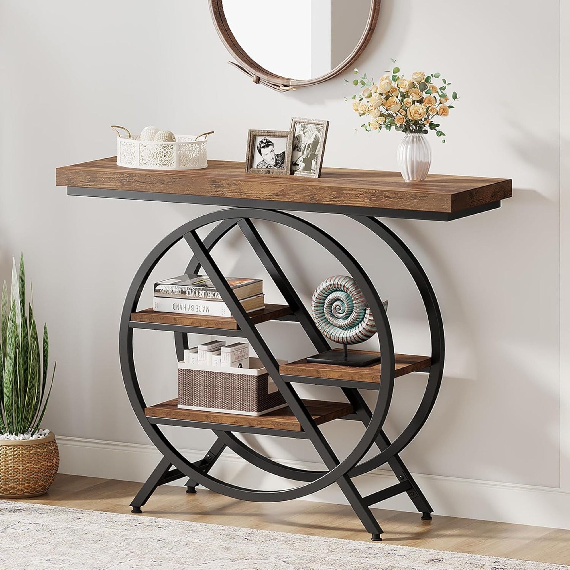 4 Tier Entryway Console Table With Geometric Circle Frame & Storage Shelves - Rustic Brown