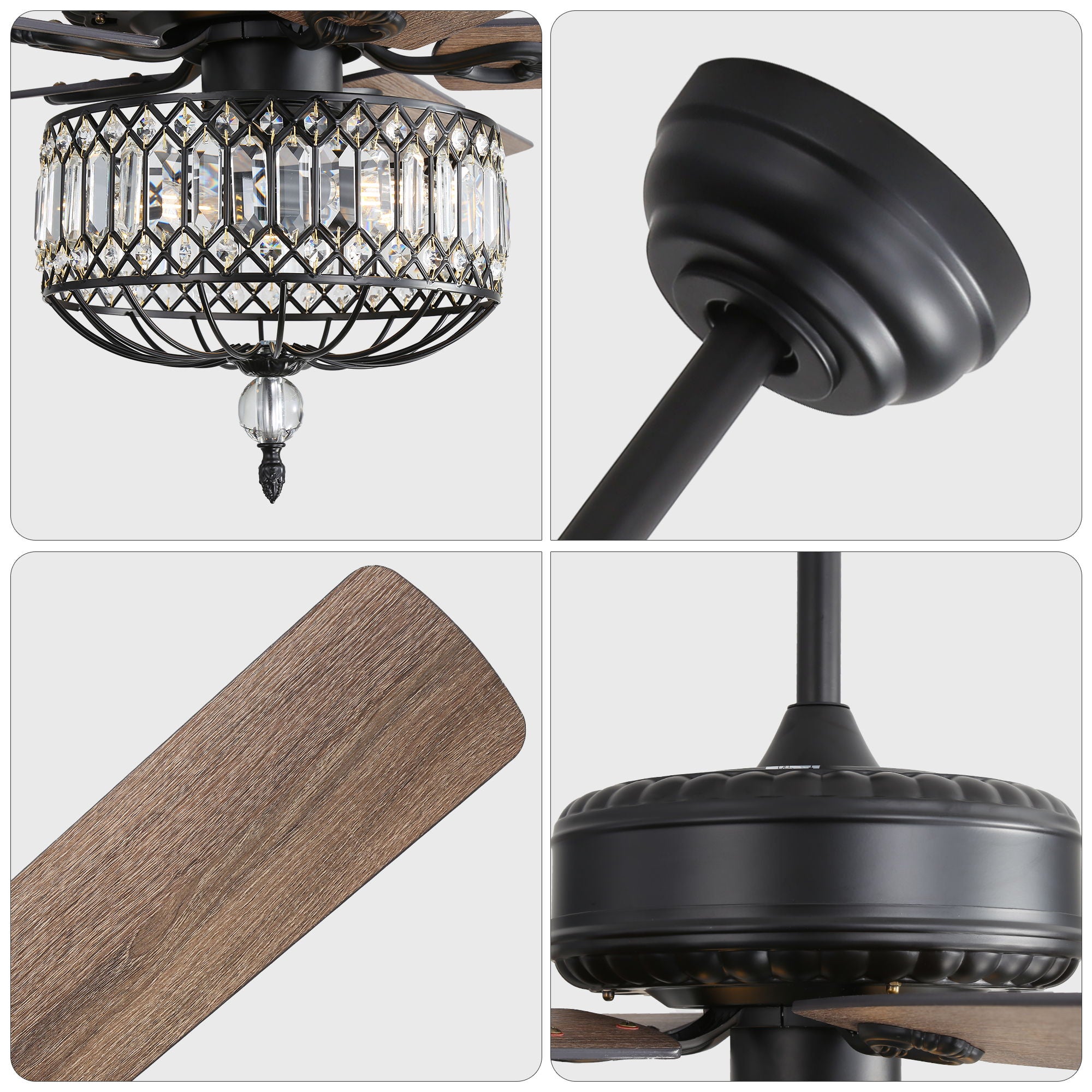 Ceiling Fan With Crystal Lampshade, 5 Blades, DC Motor, 6 Speed Remote Control, 1 / 4 / 8 Hour Timer - Black