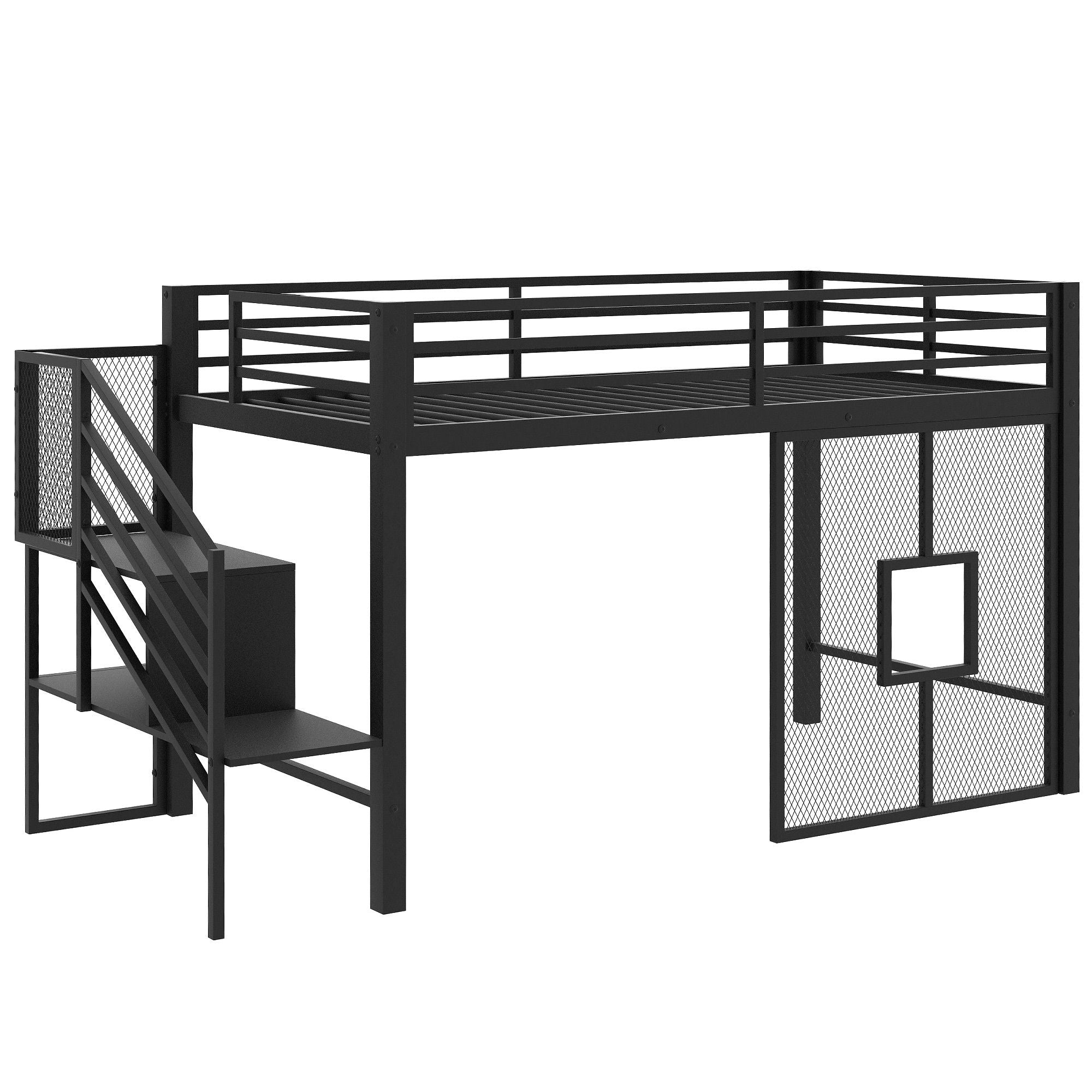 Twin Low Loft Bed Frame With Storage Staircase - Black
