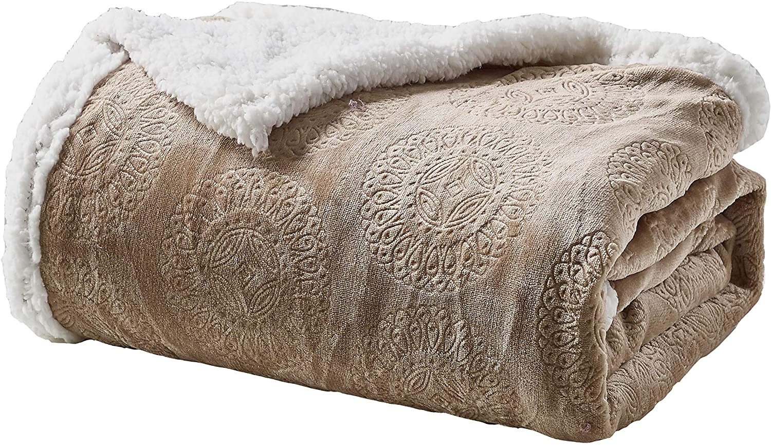 Bon iver collection extra soft mandala embossed microplush throw blanket with sherpa backing