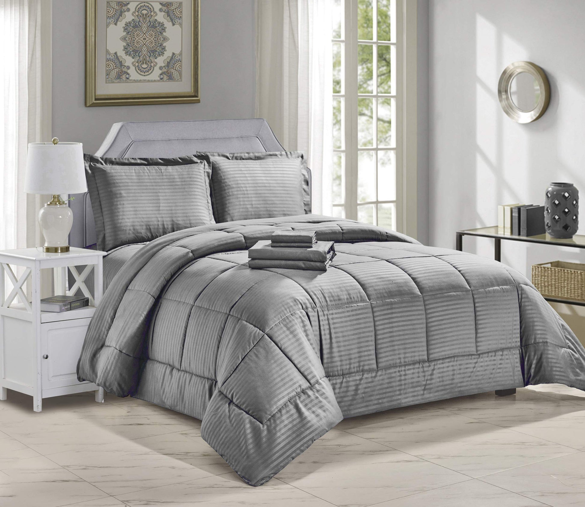 Decor&More Ultra Lush Down Alternative 8 Piece Bed in a Bag Embossed Stripe Comforter Set - Best Buy Furniture