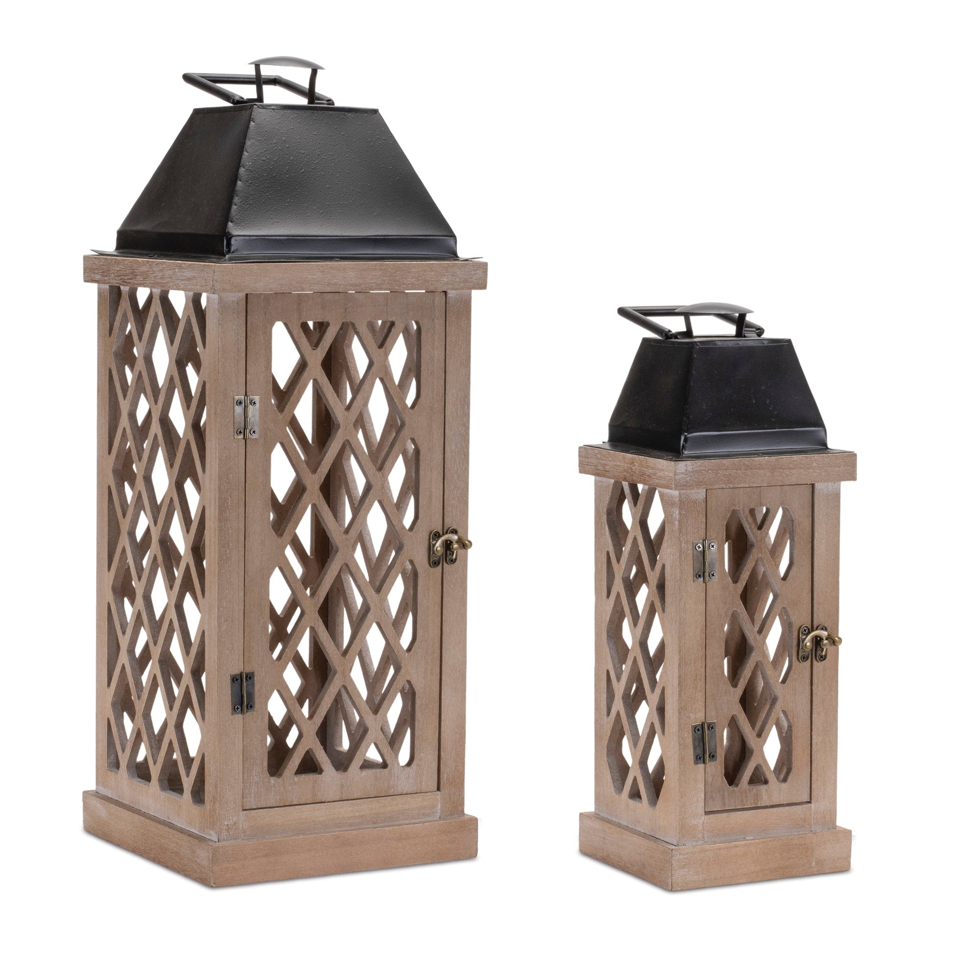 Lattice-wood-lantern-with-metal-lid-(set-of-2)-Outdoor-Lighting
