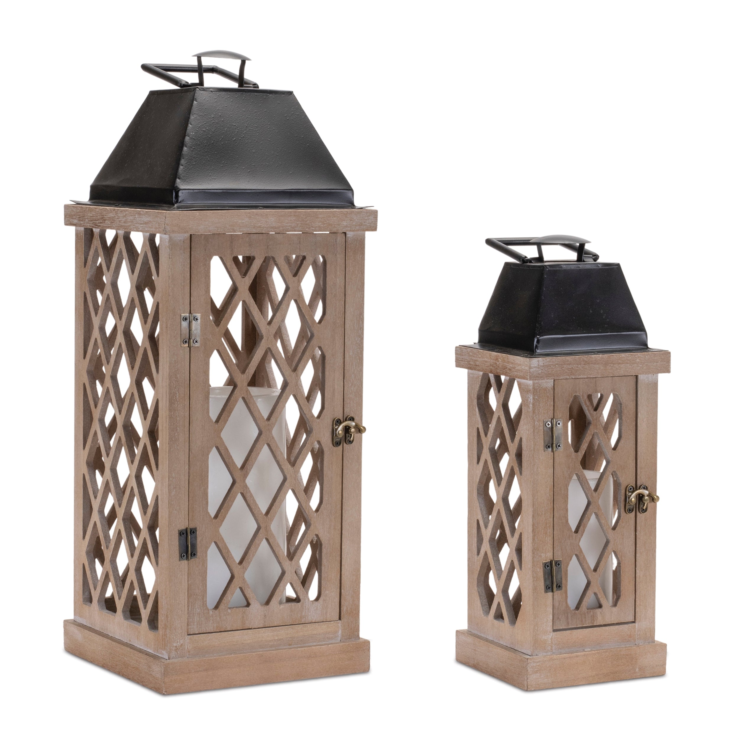 Lattice wood lantern with metal lid (set of 2)