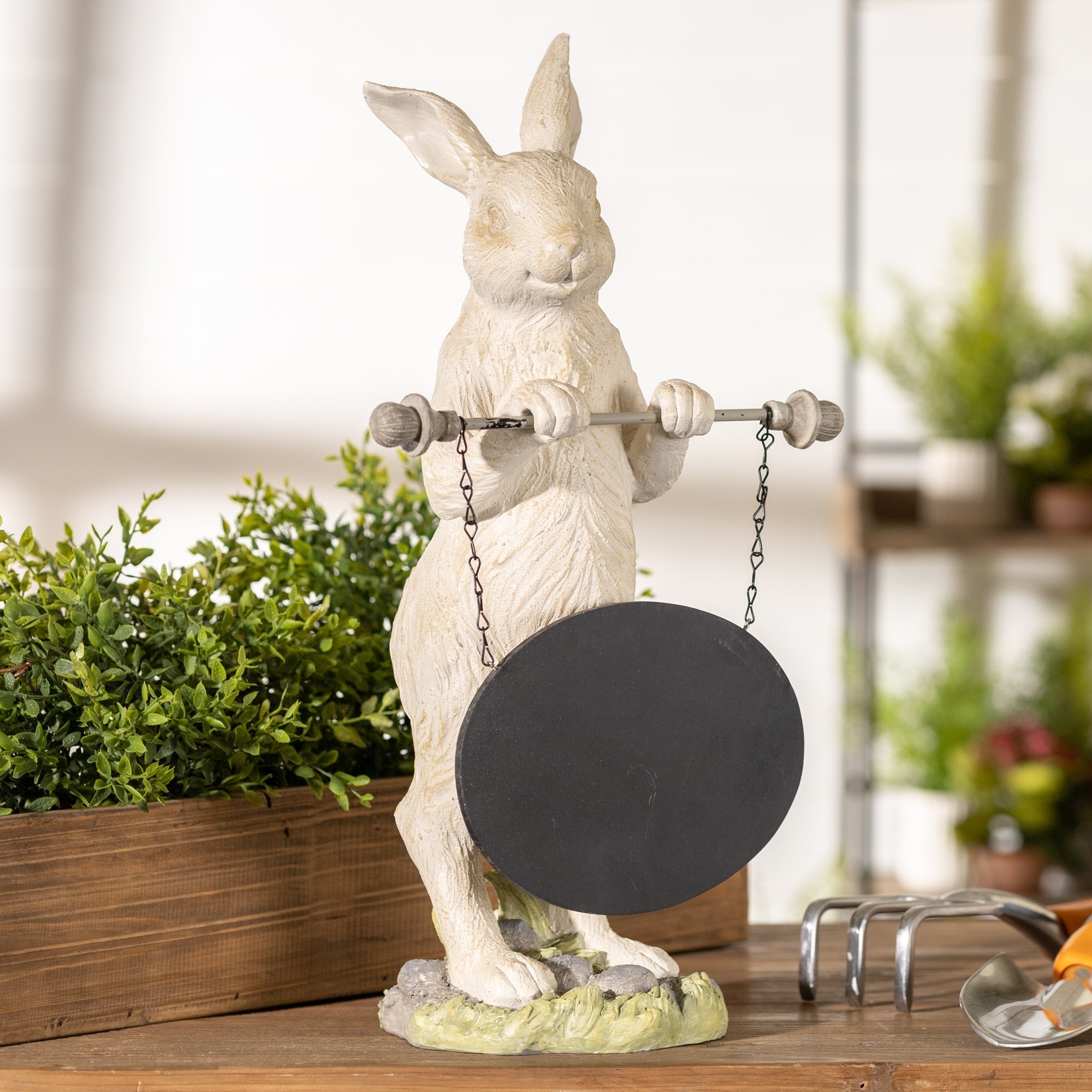 Stone garden rabbit with sign 11"h