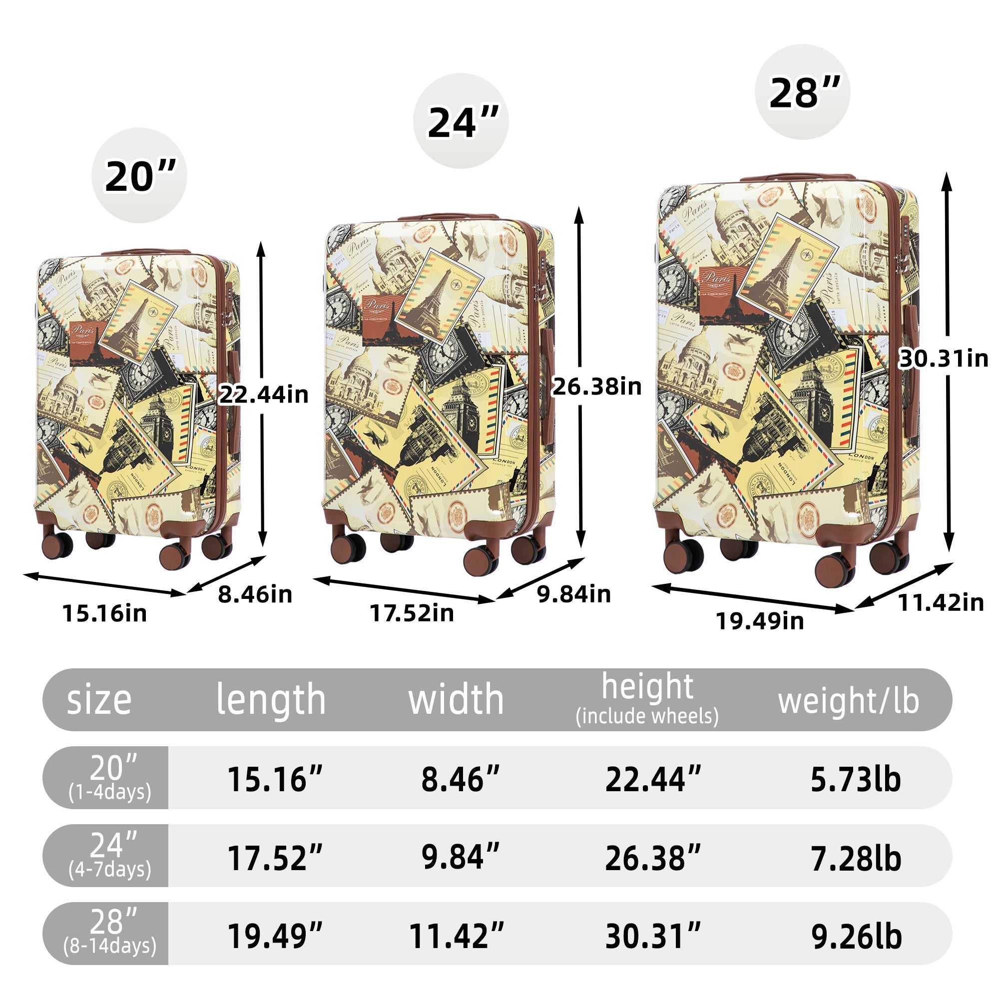 3-Piece PC Spinner Wheel Luggage Set with Printed Pattern