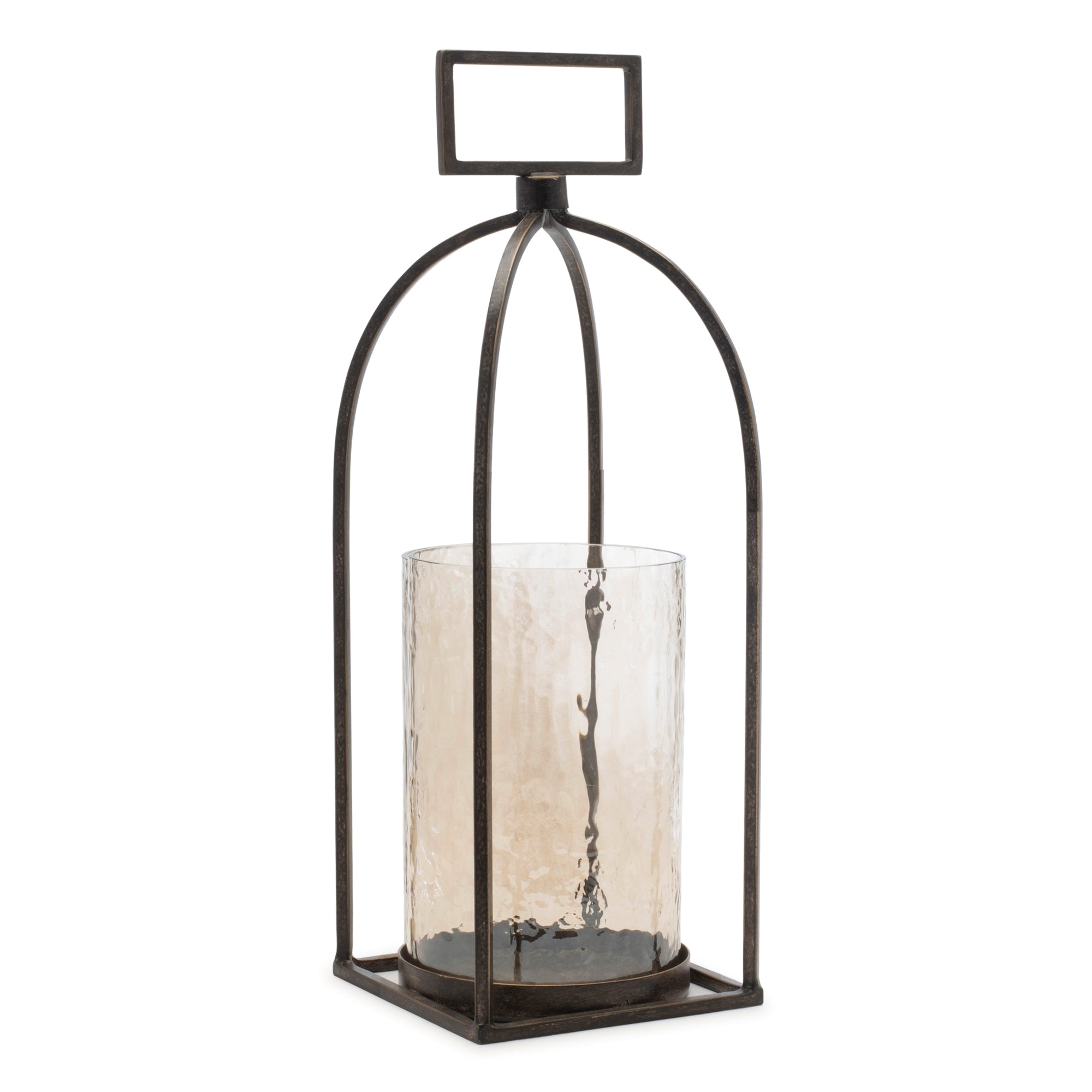 Arched iron candle holder with glass hurricane 15"h