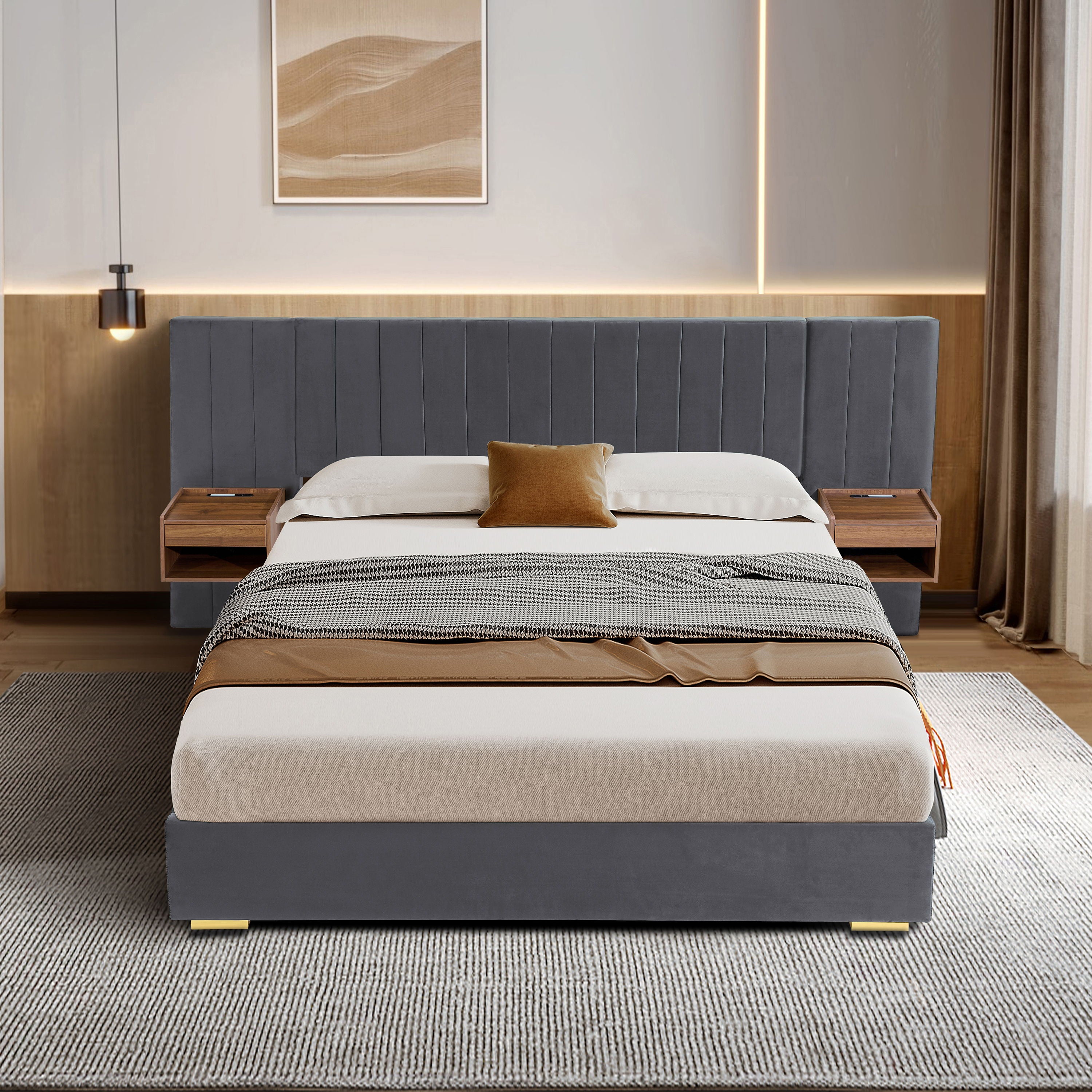 Upholstered Bed Frame Of Velvet Tufted Headboard With Floating Nightstand LED / USB Built