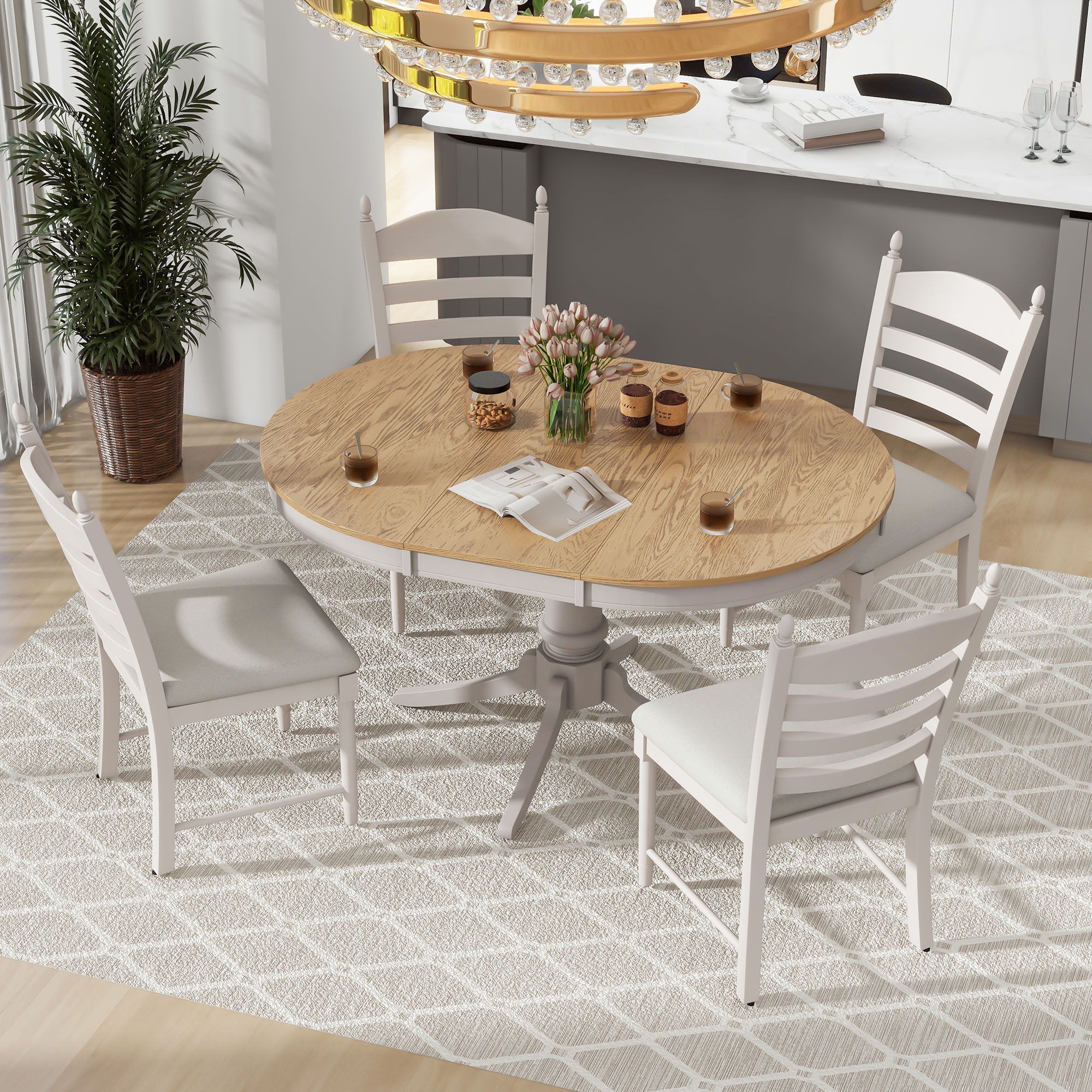 5 Piece Retro Functional Dining Table Set With Extendable Round Table And Upholstered Chairs