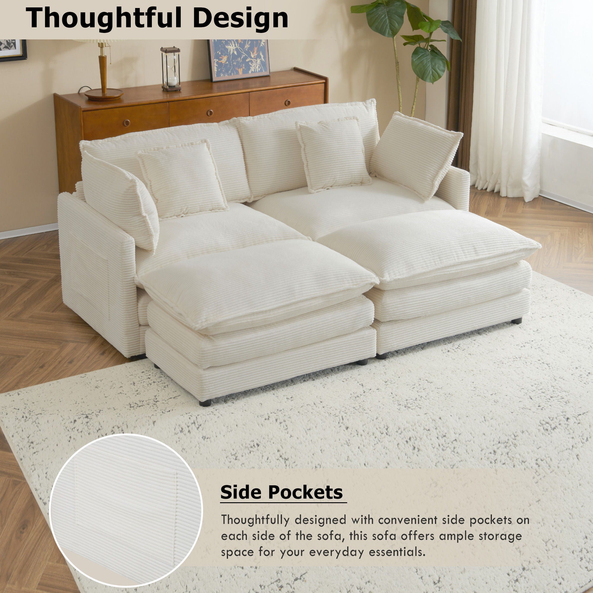 Modern Modular Sectional Sofa With Side Storage Pockets For Living Room