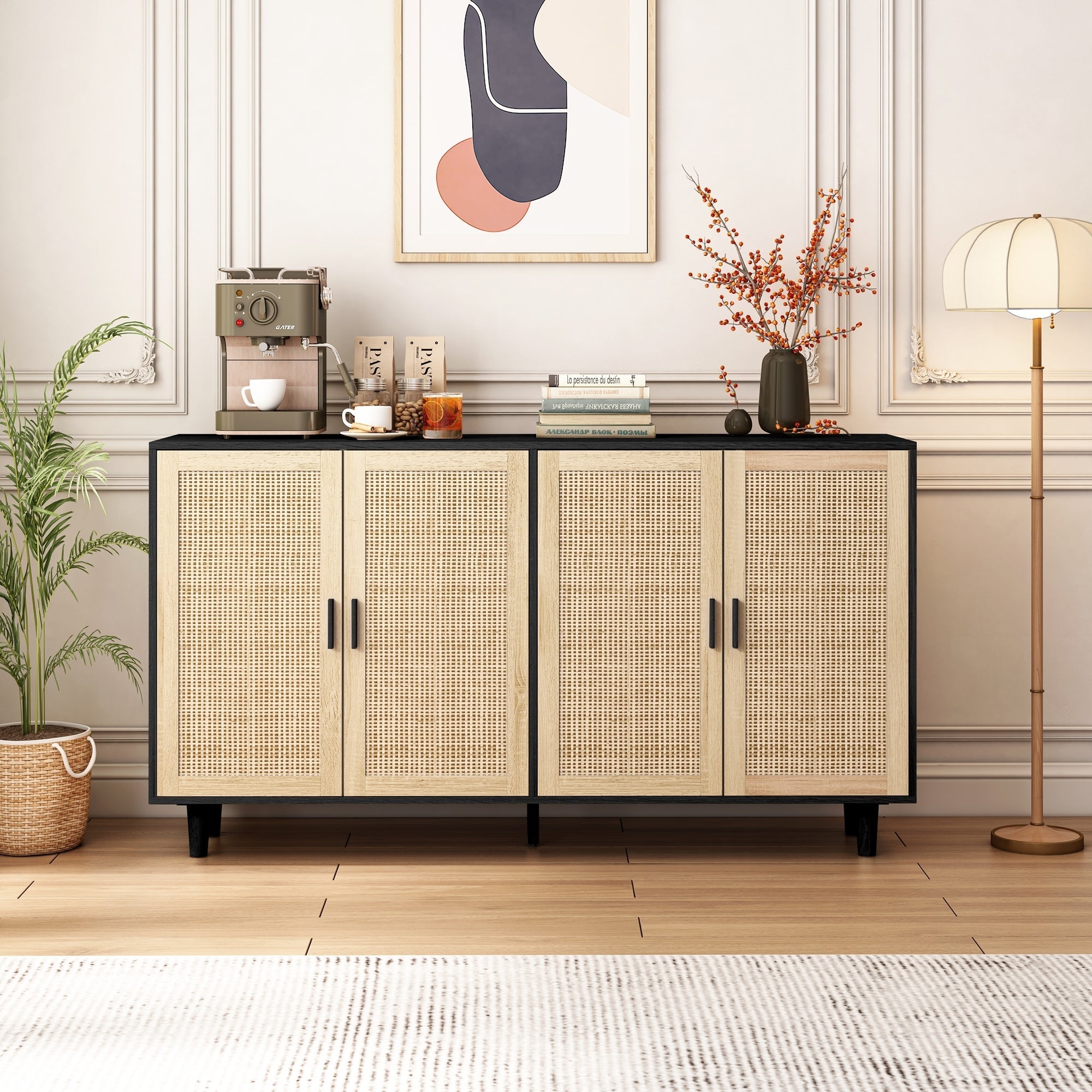 Elegant and Functional 4-Door Rattan Decorative Storage Cabinet