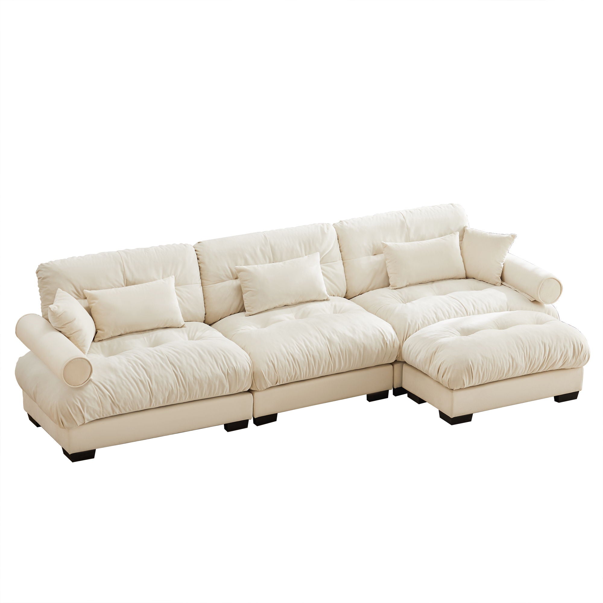 Modern Sectional Sofa With Ottoman, Round Bolster Armrests, Waist And Throw Pillows
