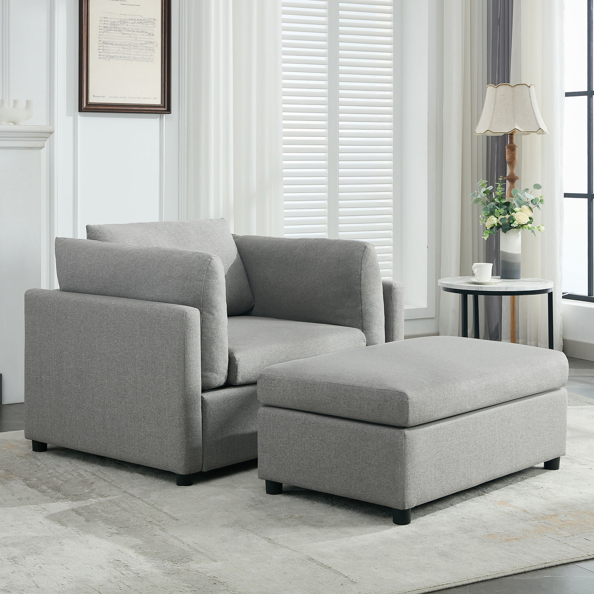 Wide Modern Oversized Armchair With Ottoman Stool, Single Sofa With Lumbar Support, Accent Chair