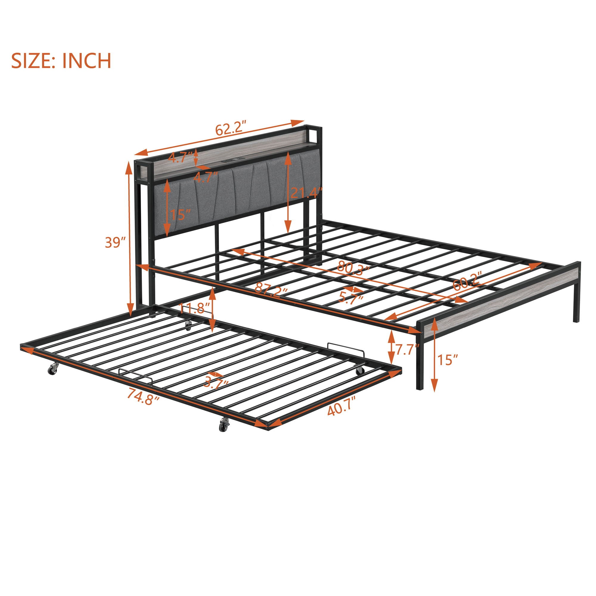 Platform Bed Frame With Trundle, USB Ports And Slat Support, No Box Spring Needed