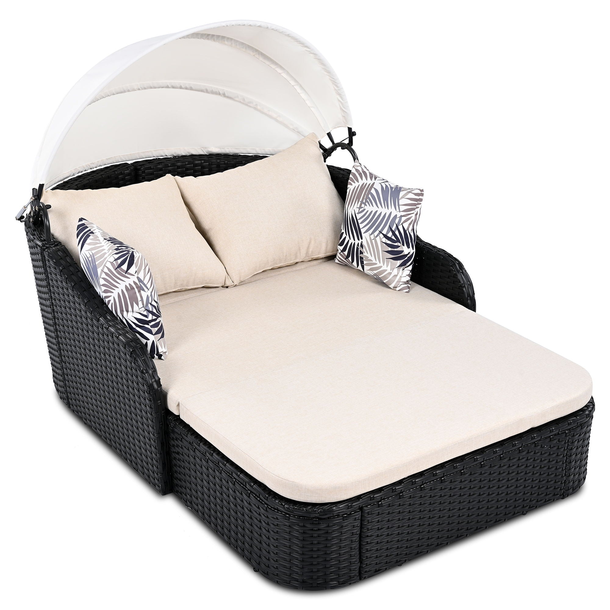 Outdoor Sunbed With Adjustable Canopy, Double Lounge, Daybed - Black / Beige