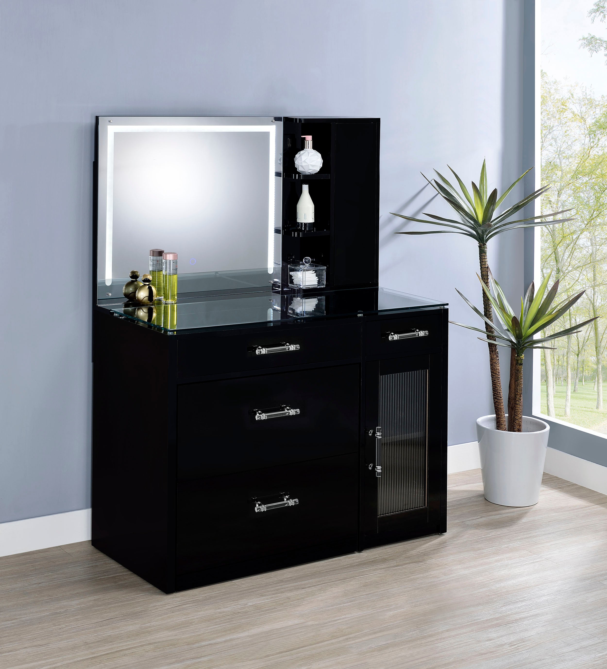 Flora 2-drawer Vanity Set with LED Mirror Black High Gloss-
