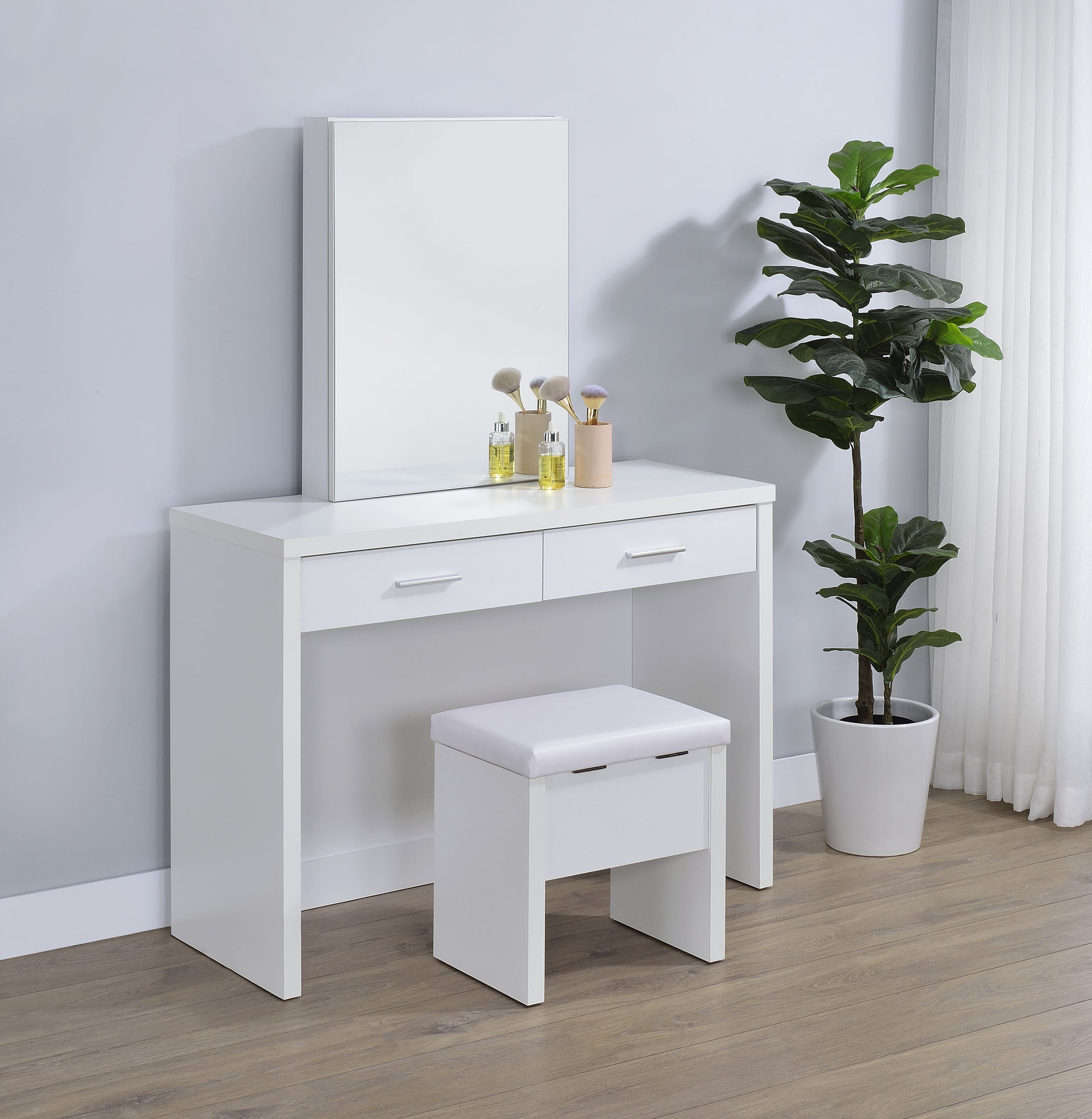 Bunbury Makeup Vanity Table Set Storage Mirror and Stool White-