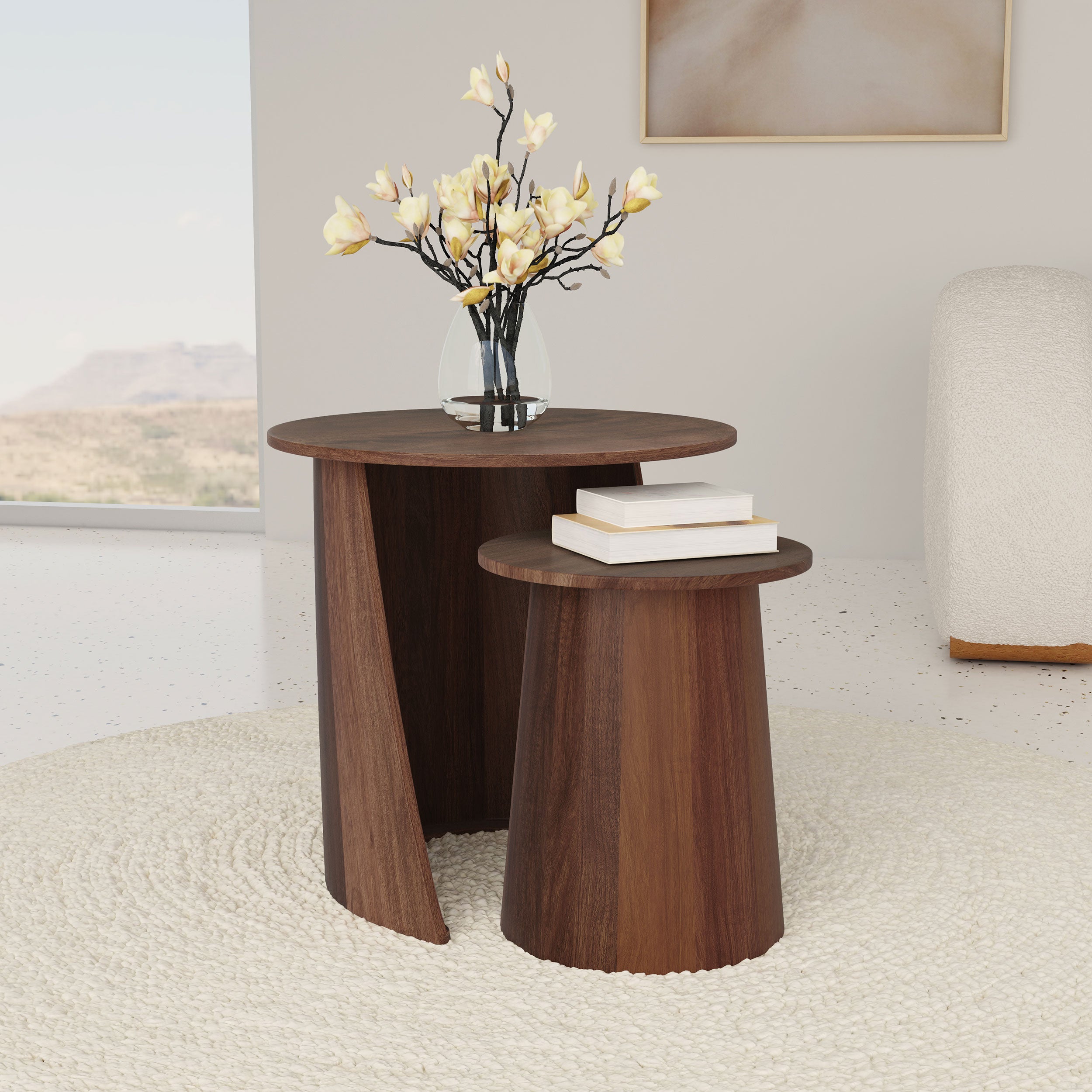 Yency 2-piece Round Mango Wood Nesting Table Set Dark Brown Mango-