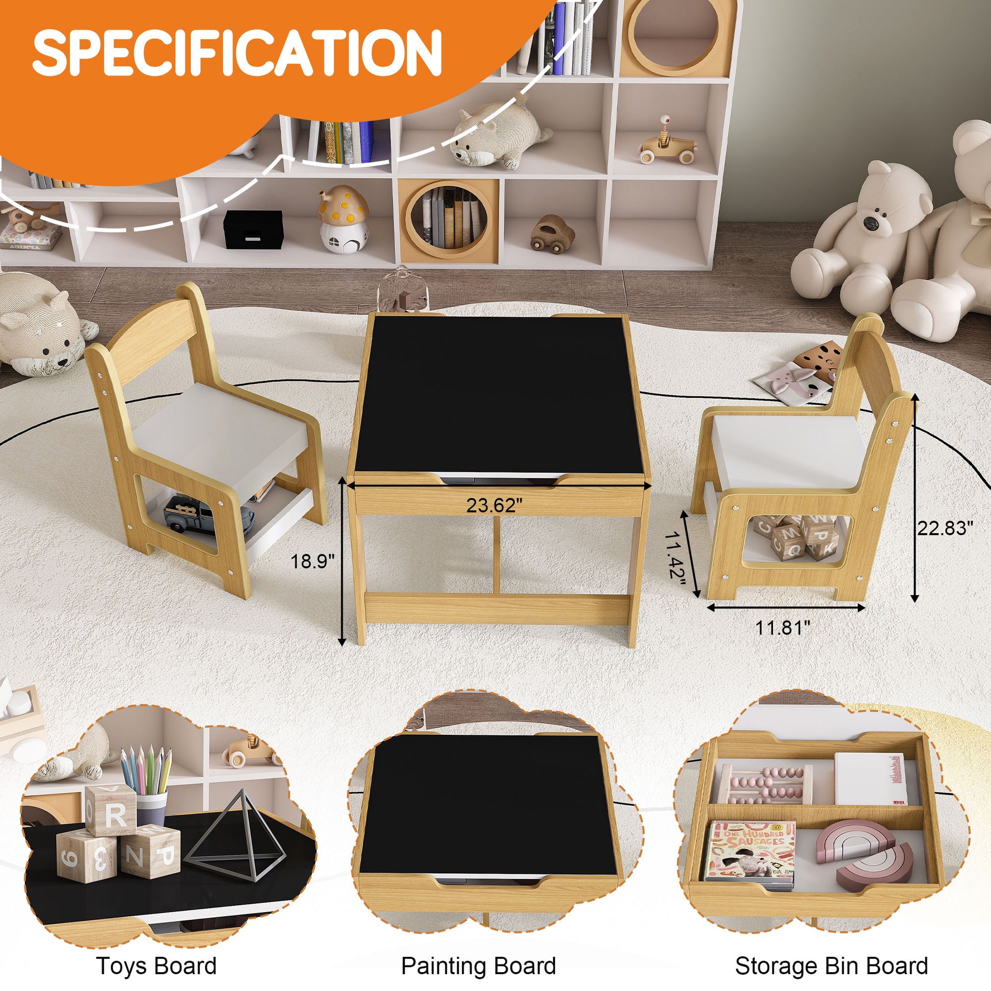 3 In 1 Kids Study Table & Chairs Set Multi Functional Activity Table With Detachable Blackboard Top - Natural Wood - Best Buy Furniture