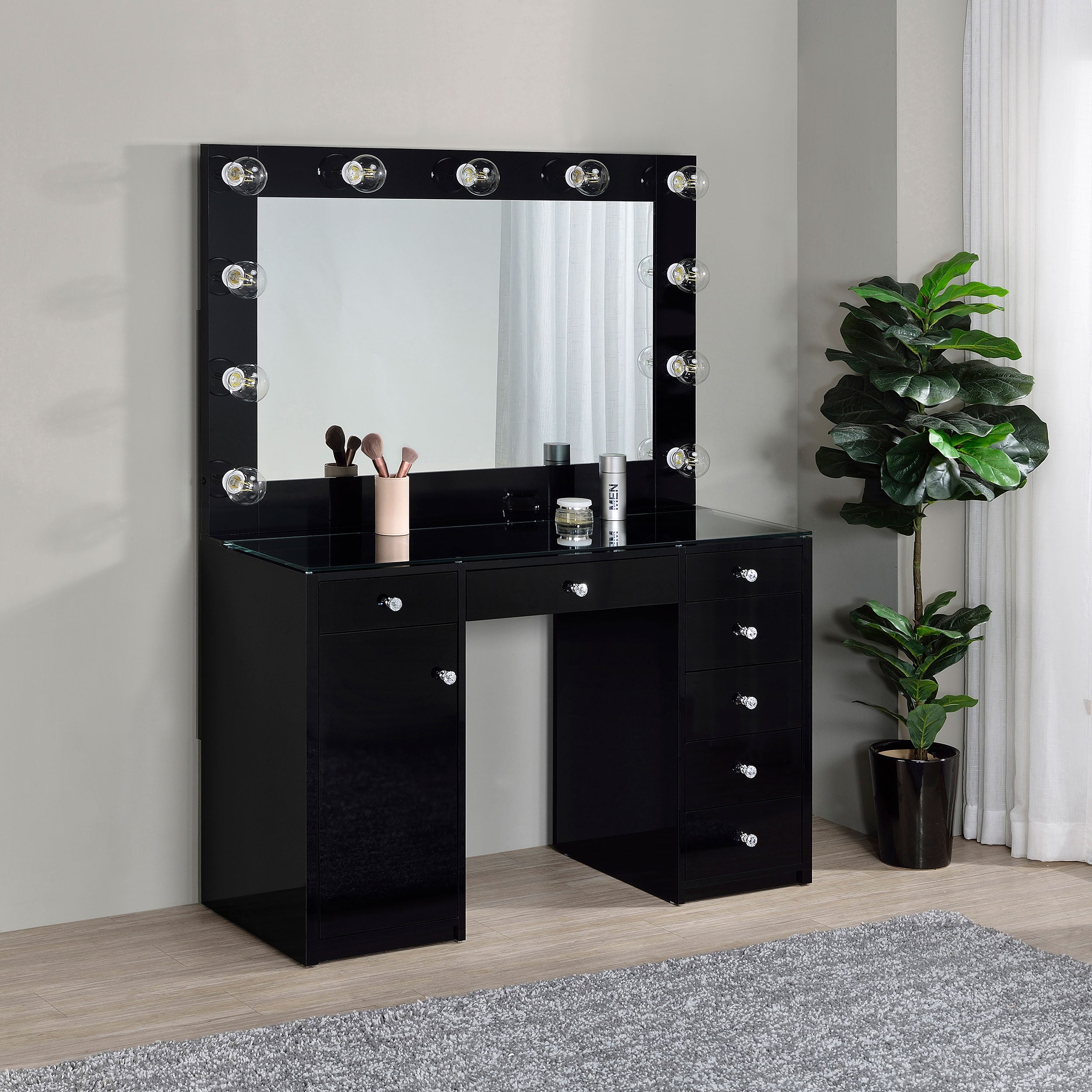 Acena 7-drawer Vanity Set with Lighting Black High Gloss-