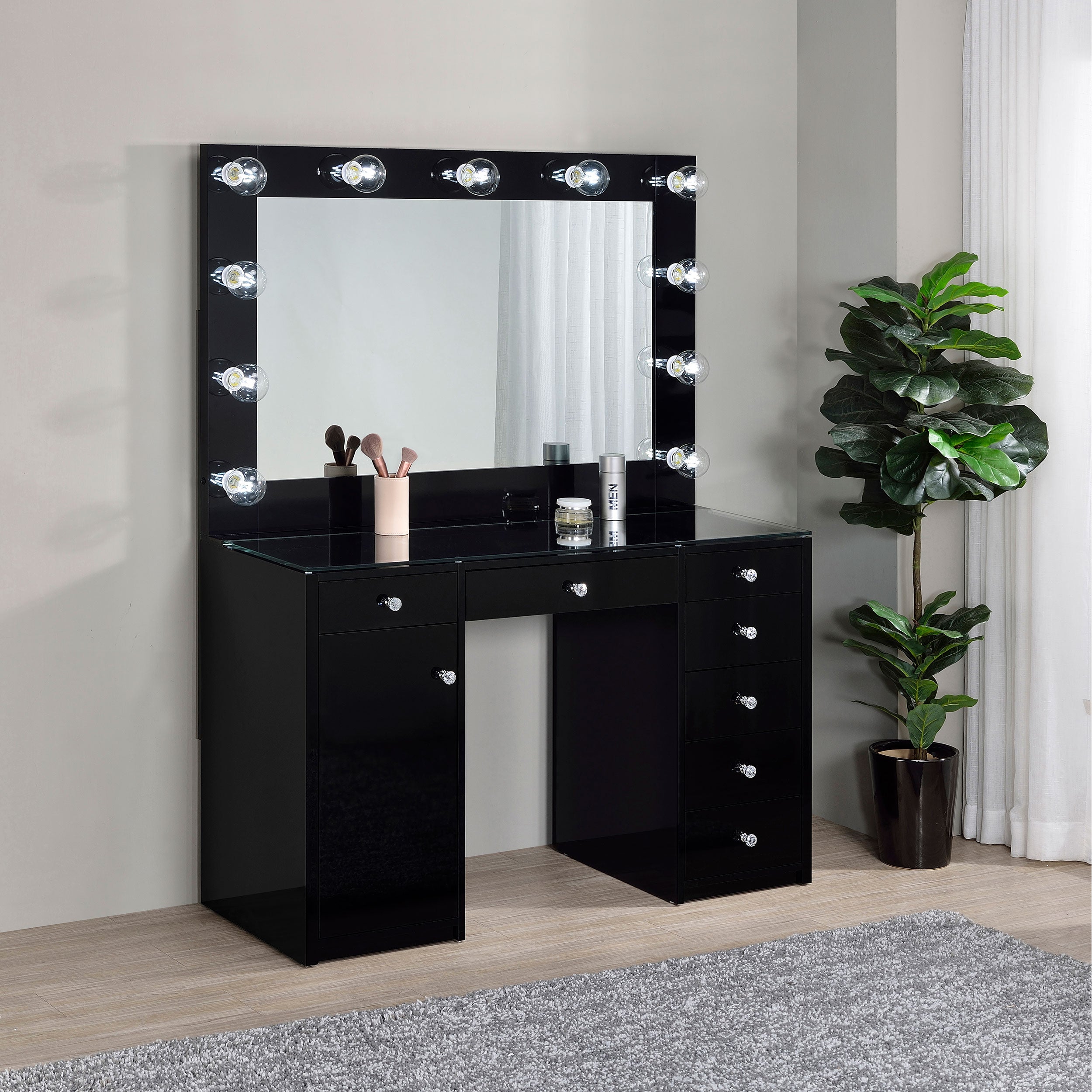 Acena 7-drawer Vanity Set with Lighting Black High Gloss-