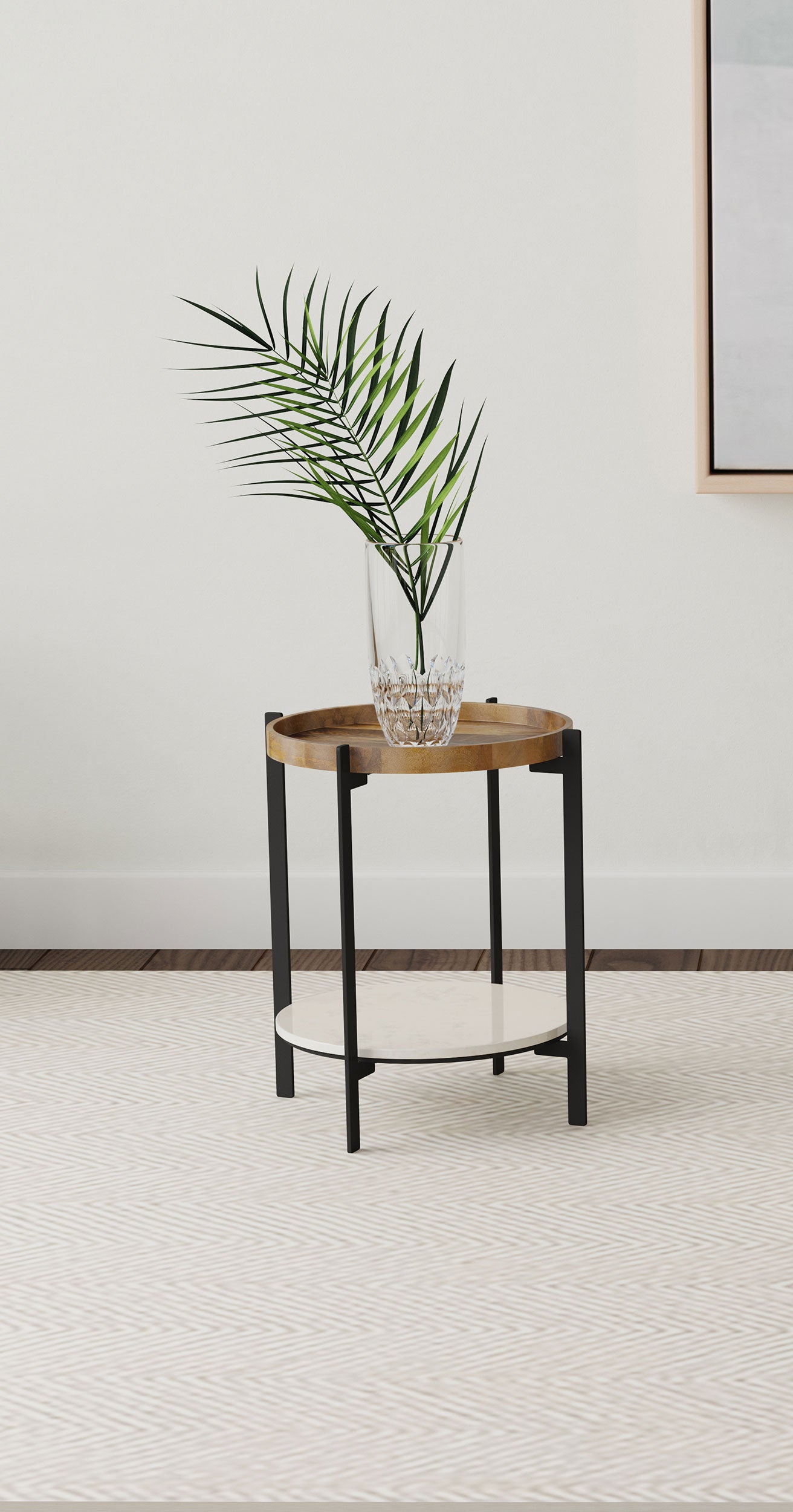 Adhvik Round End Side Table Marble Shelf Natural and Black-CoasterEssence