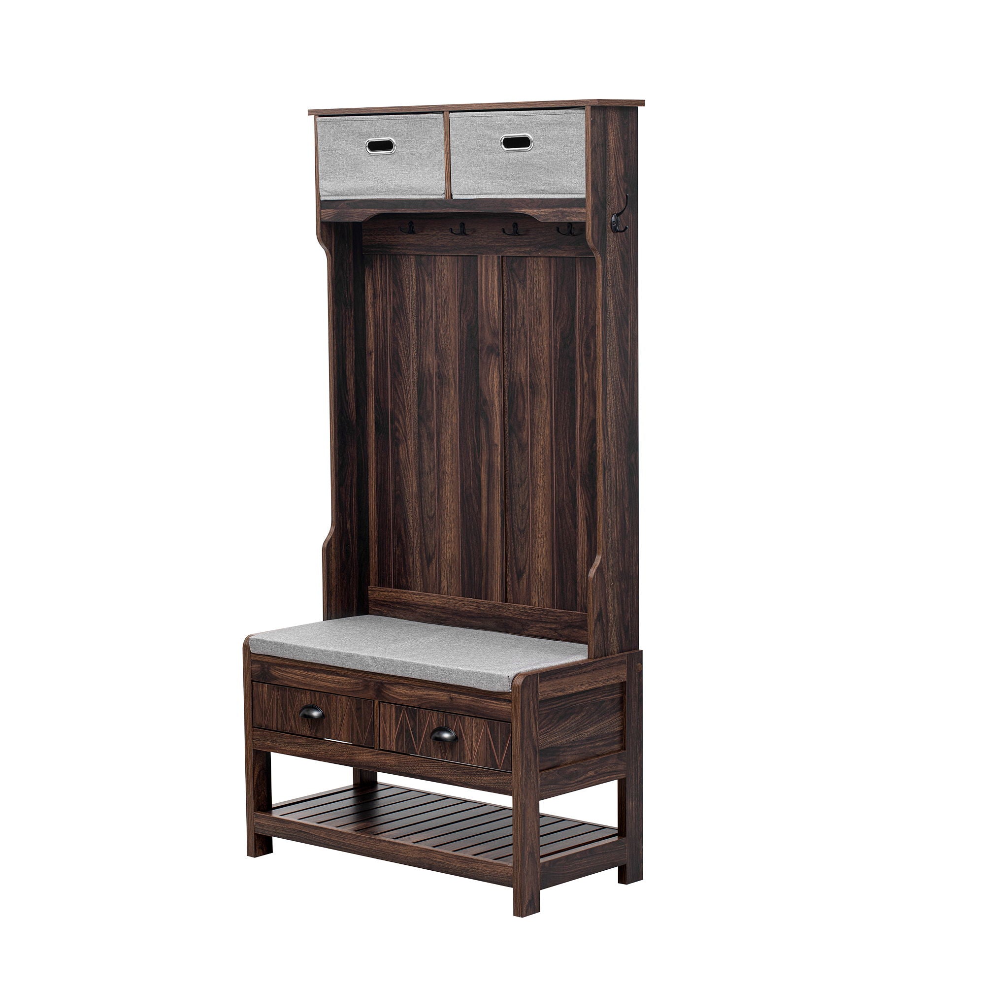 Hall Tree With 6 Hooks And Hinged Lid, Coat Hanger, Storage Bench, 3 In 1 Design