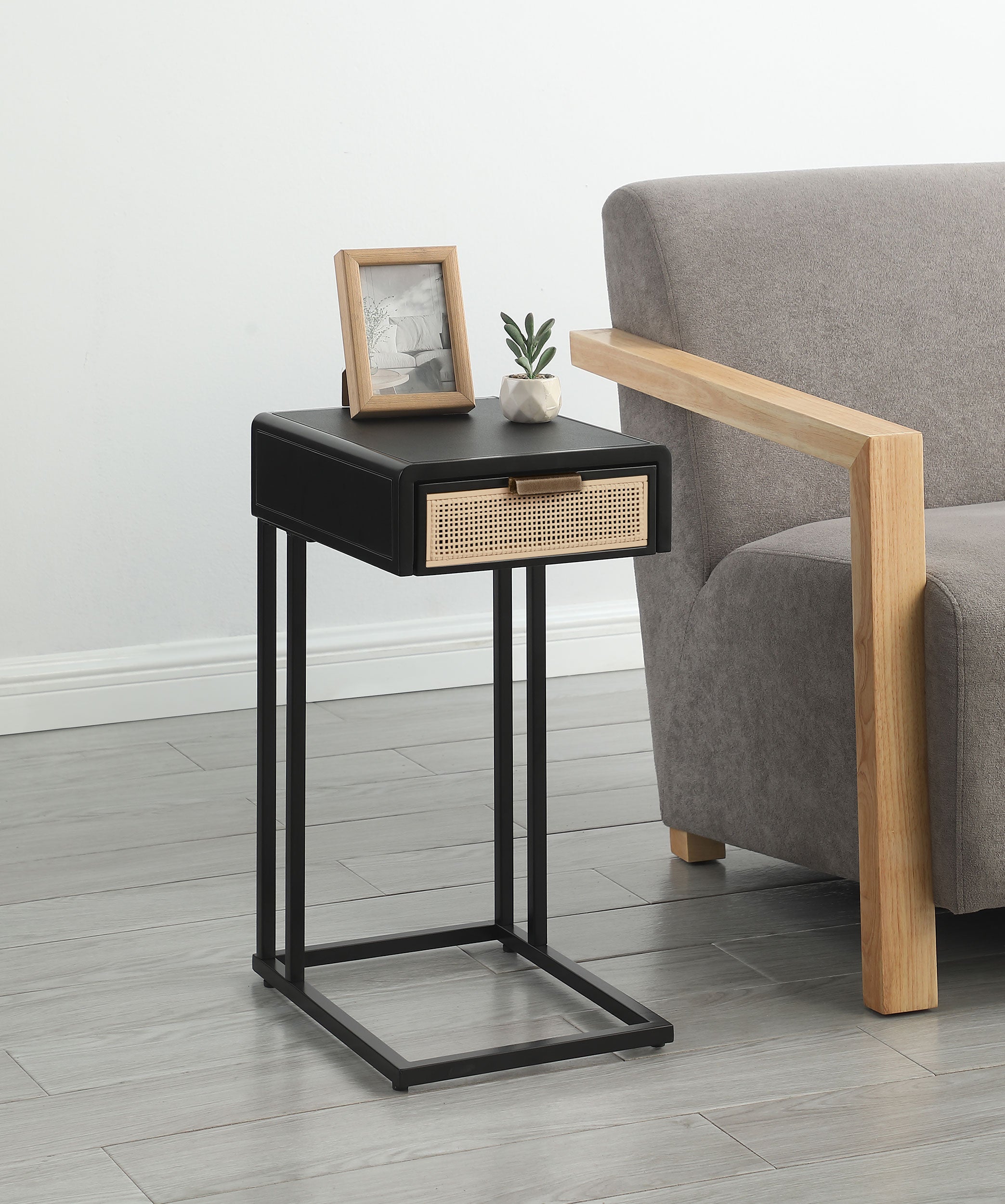 Amherst 1-drawer Radio Weave Cane Metal Side Table Black-