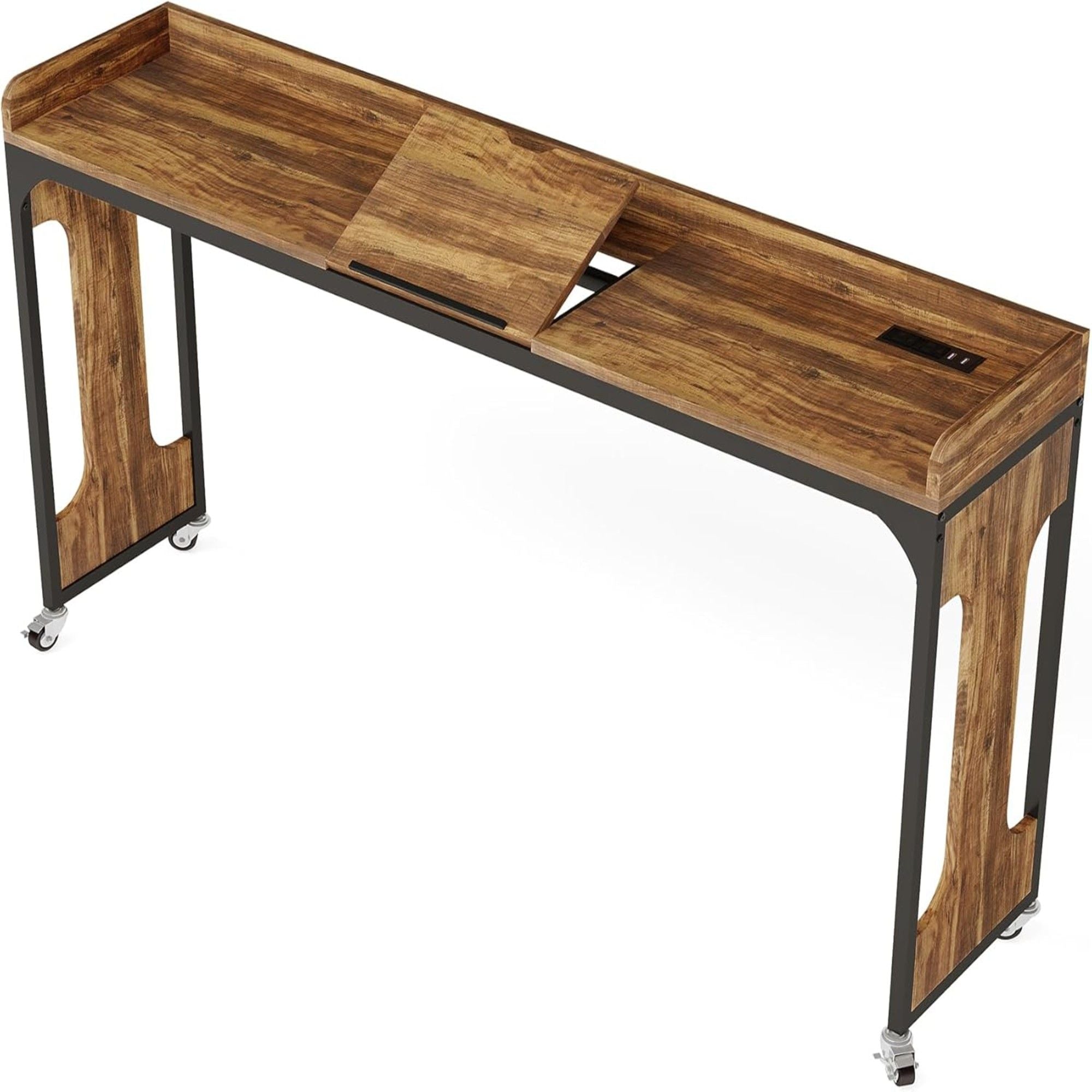 Height Adjustable Overbed Table With Wheels, Queen Size Mobile Laptop Desk, Rolling Computer Cart With Tiltable Stand And Built In Outlets & USB Ports - Rustic Brown