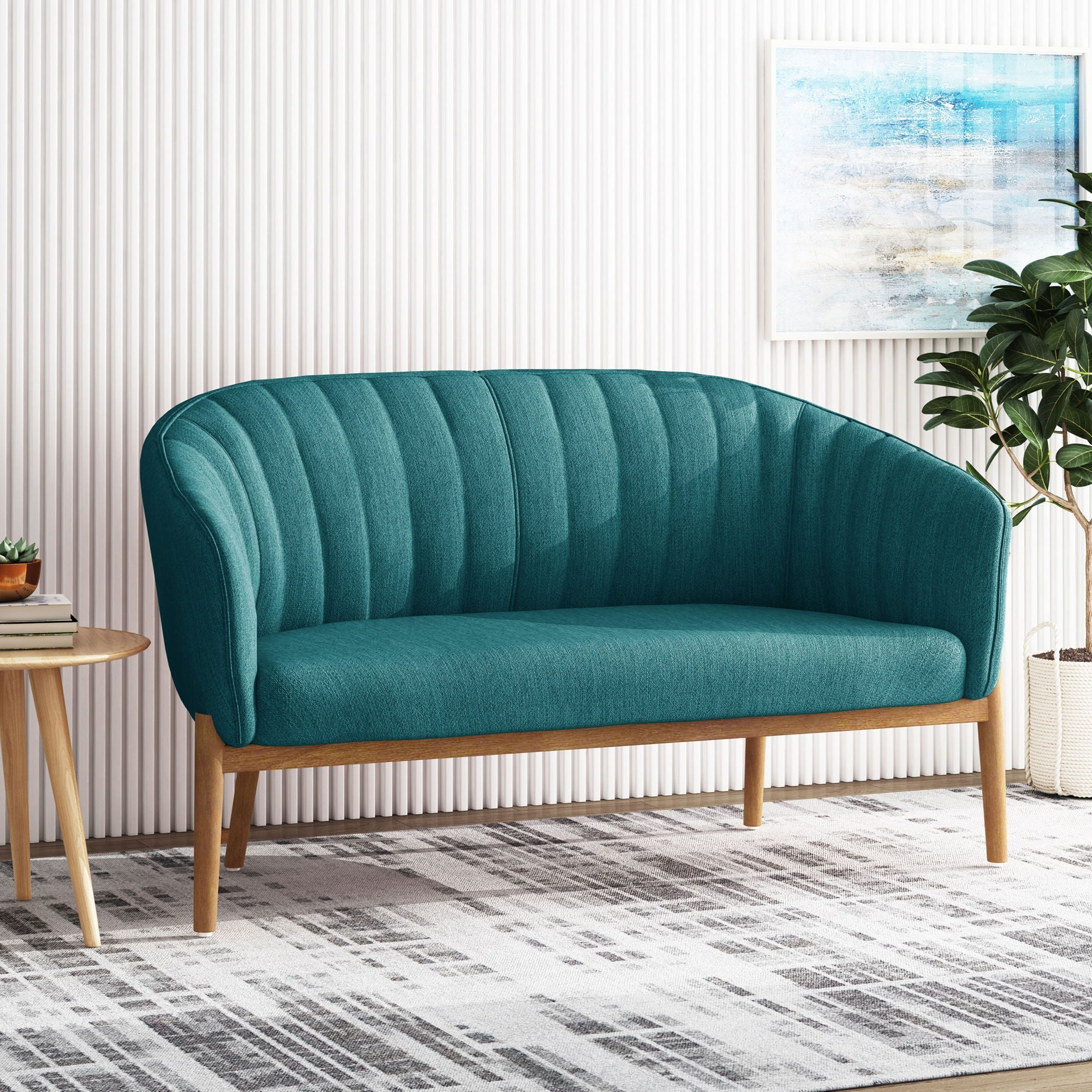 Mid Century Modern Loveseat With Channel Stitched Backrest