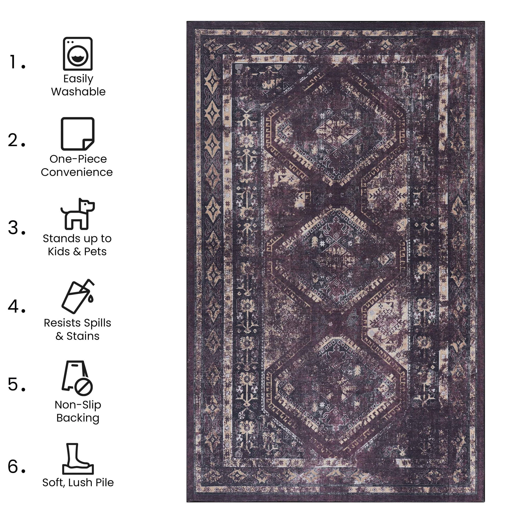 Maval - 5' X 8' Washable Area Rug - Black / Burgundy
