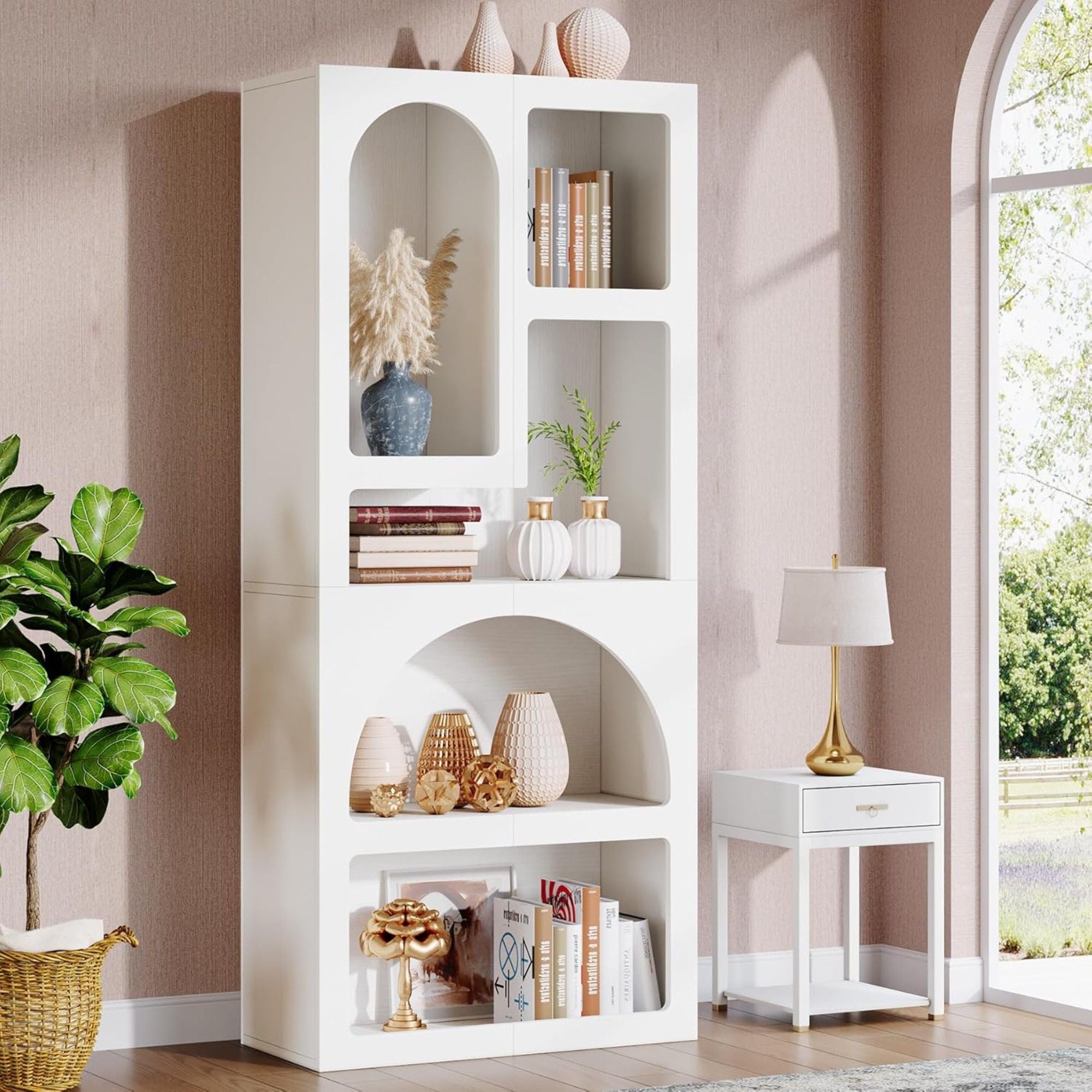 Geometric Arched 5 Shelf Art Display Bookcase For Living Room - White