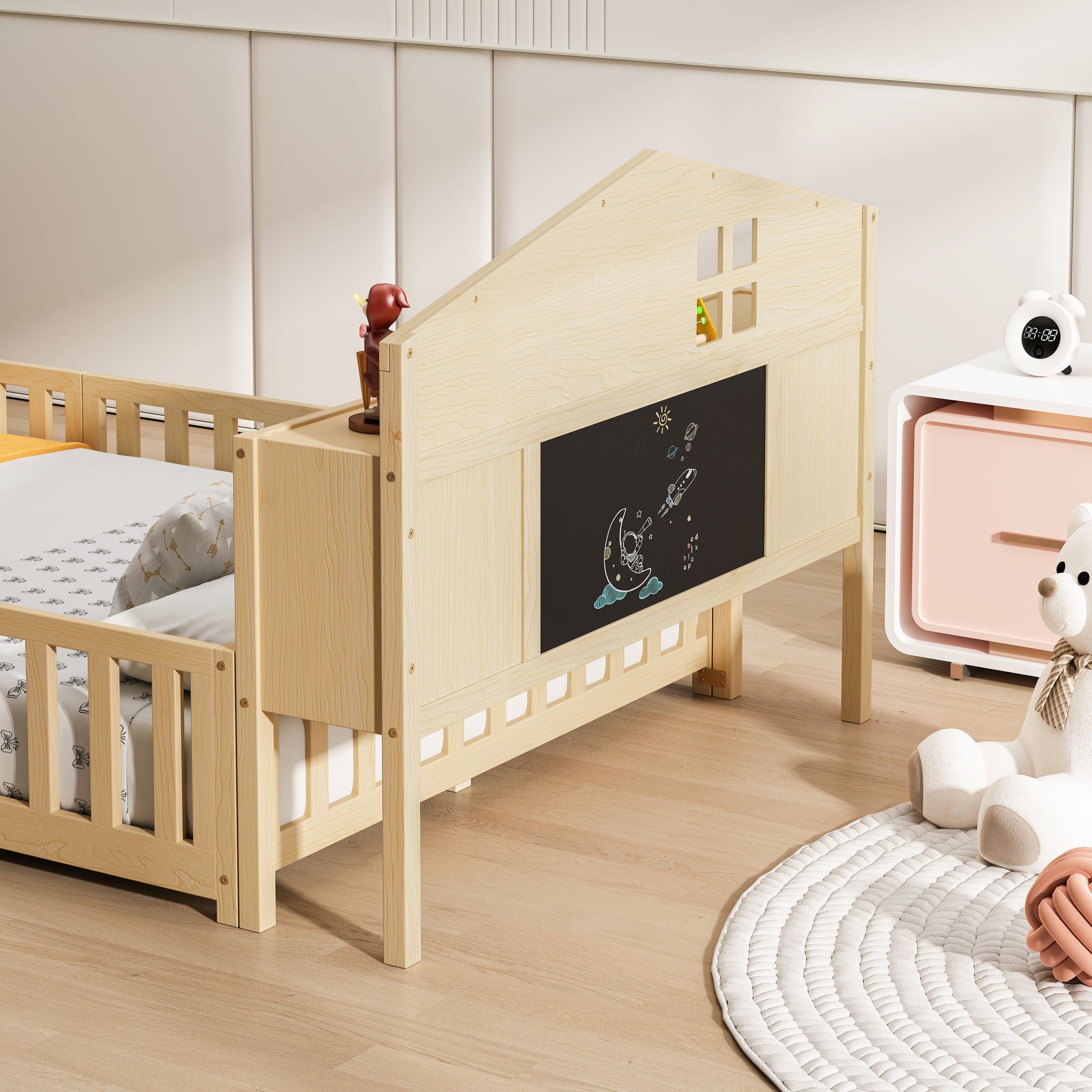 Full Size Montessori Floor Bed With Bookcases And boards, Solid Wood Platform Bed With Guard Rails And Storage Headboards - Natural