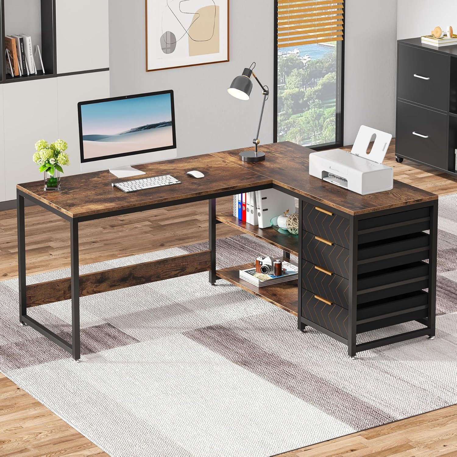 L-Shaped Computer Desk With Drawers And Shelves, Workstation For Home Office